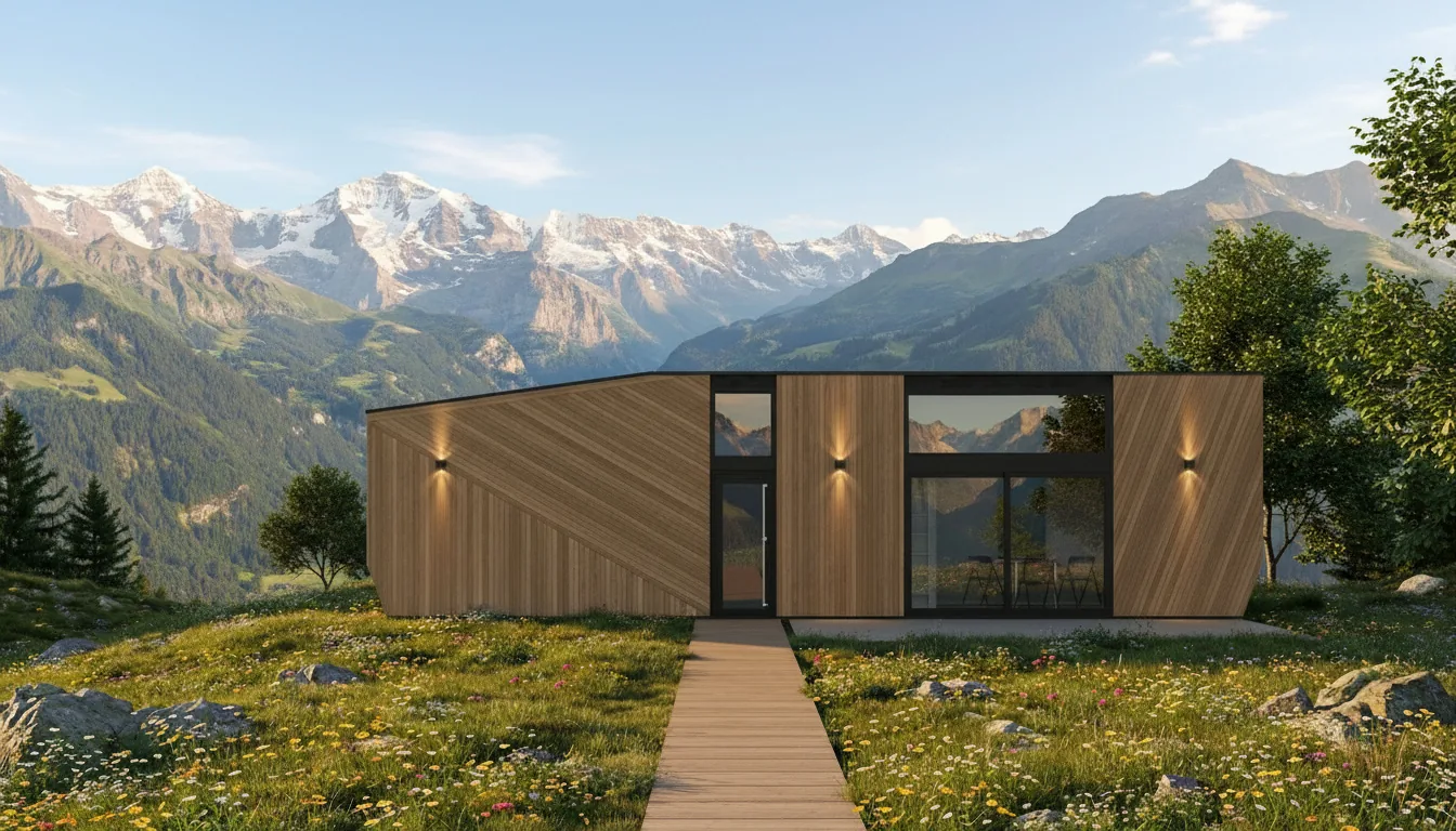 QHOME modular home installed on a prepared foundation in an alpine setting