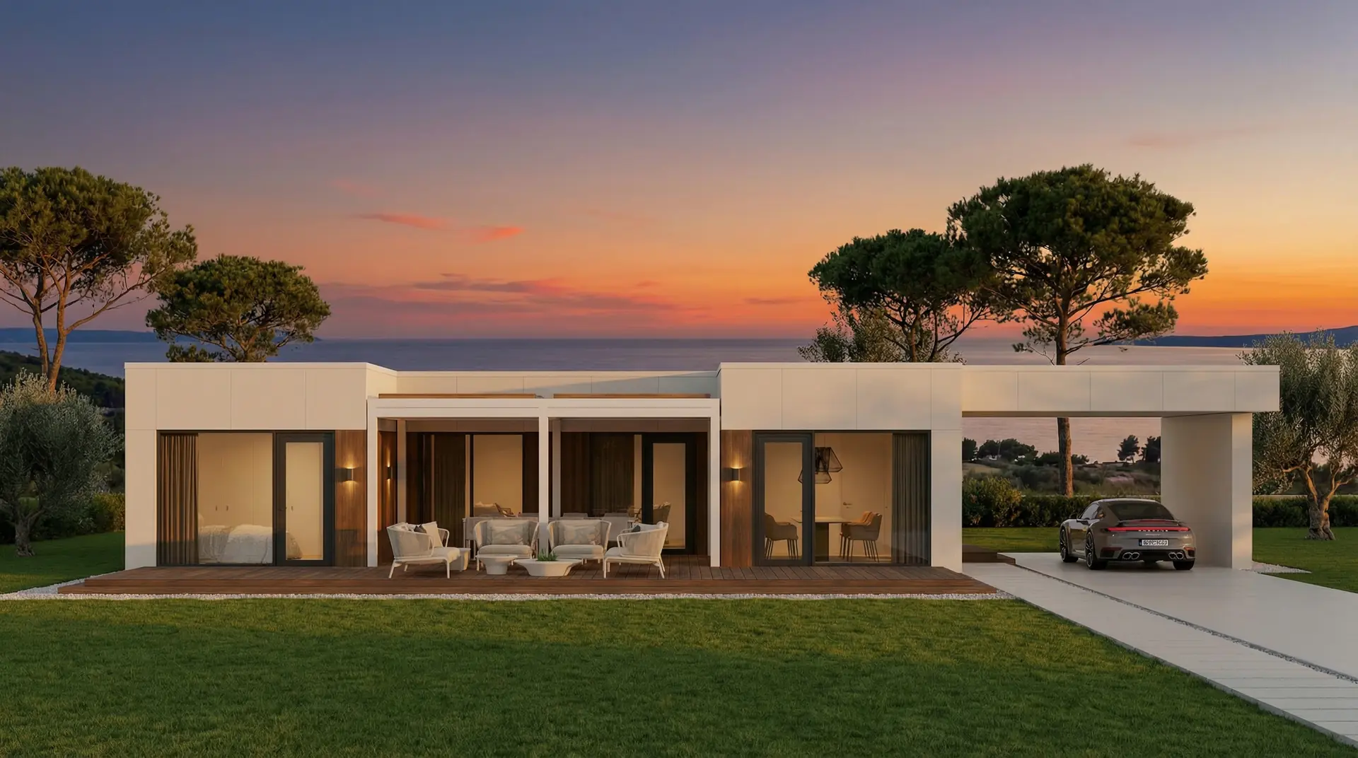 Mantra modular home front facade at sunset with quiet luxury architecture