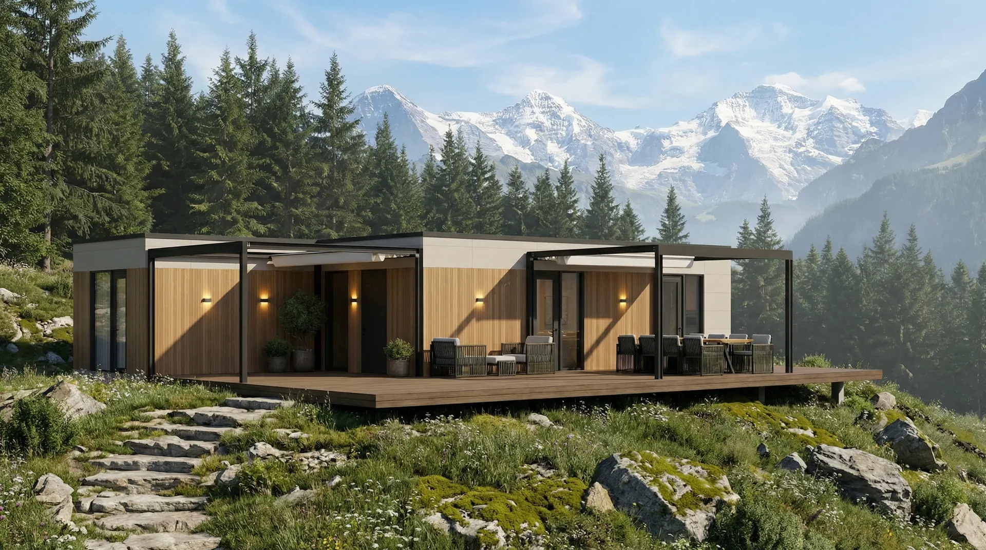 Sofia modular house on an alpine terrace in daylight