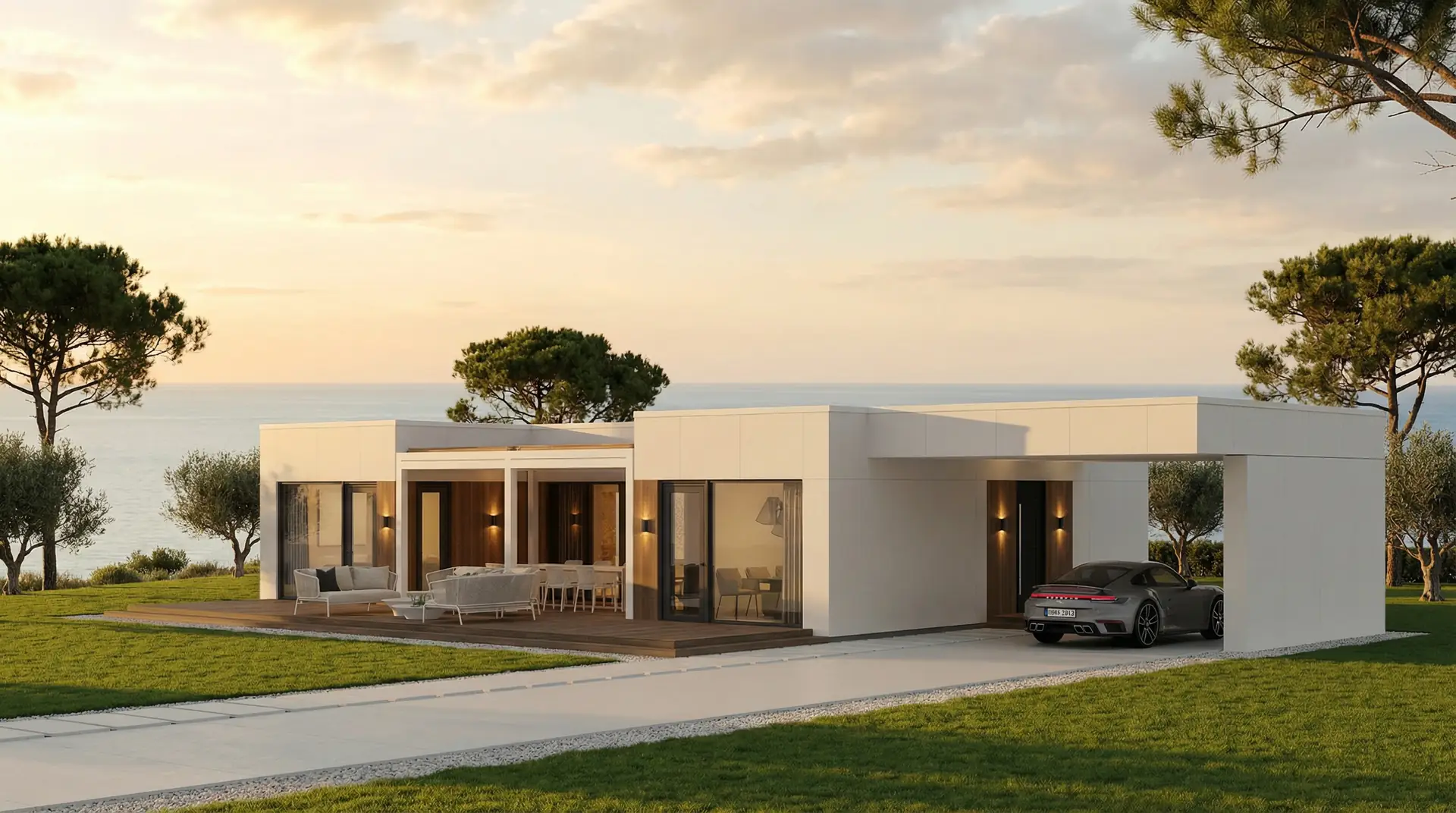 Mantra modular home carport angle with covered entry and terrace