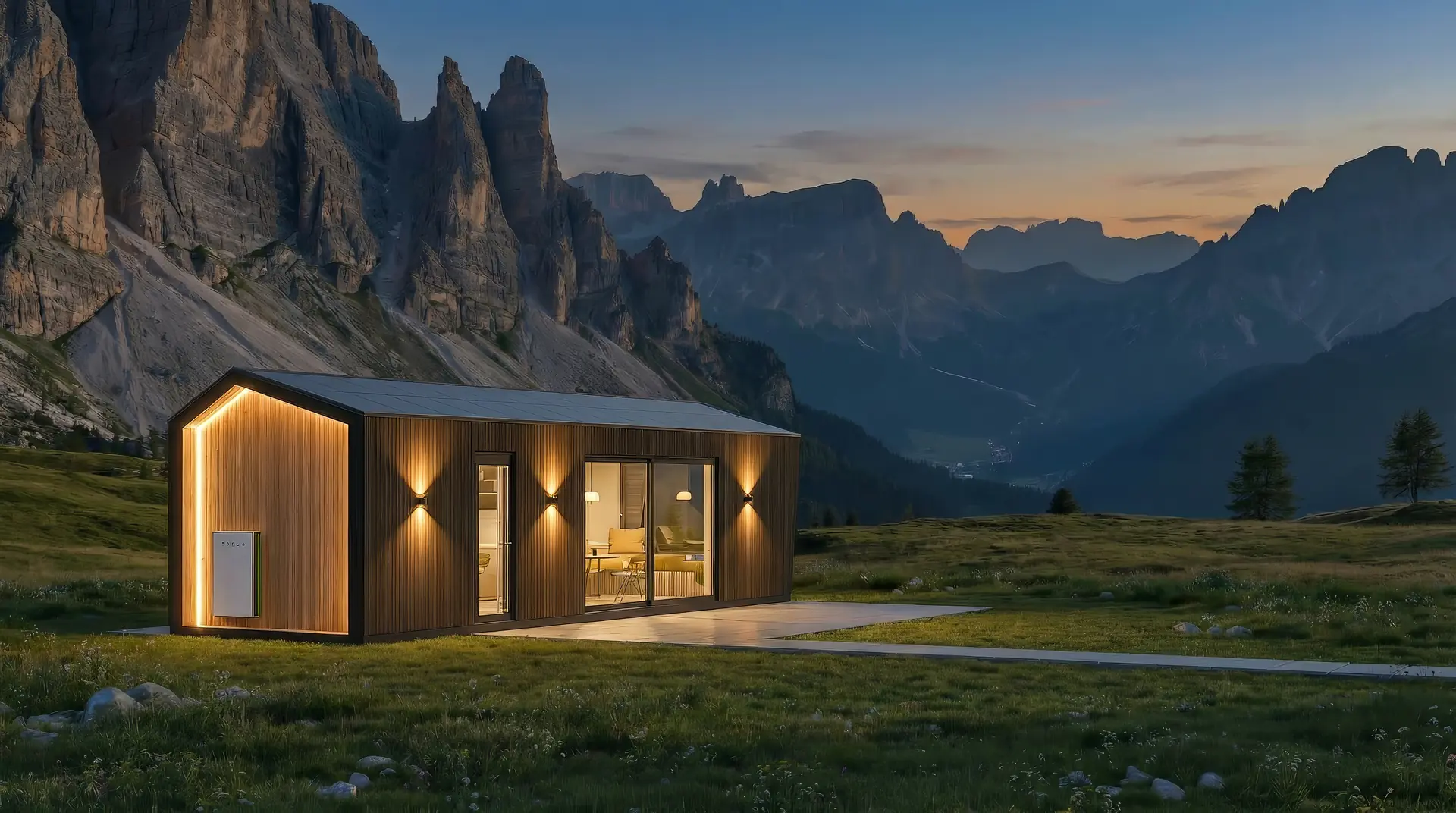 Alpina modular chalet night hero view with warm exterior lighting