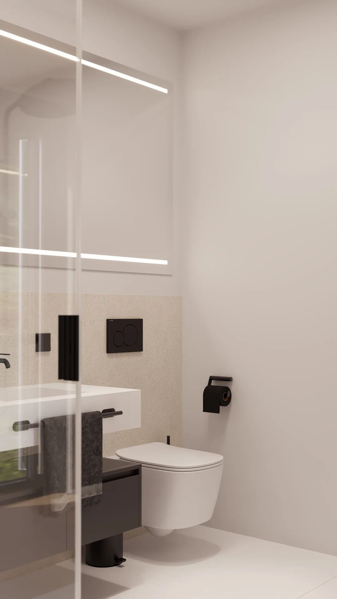 Alpina bathroom interior with illuminated mirror and matte black fittings