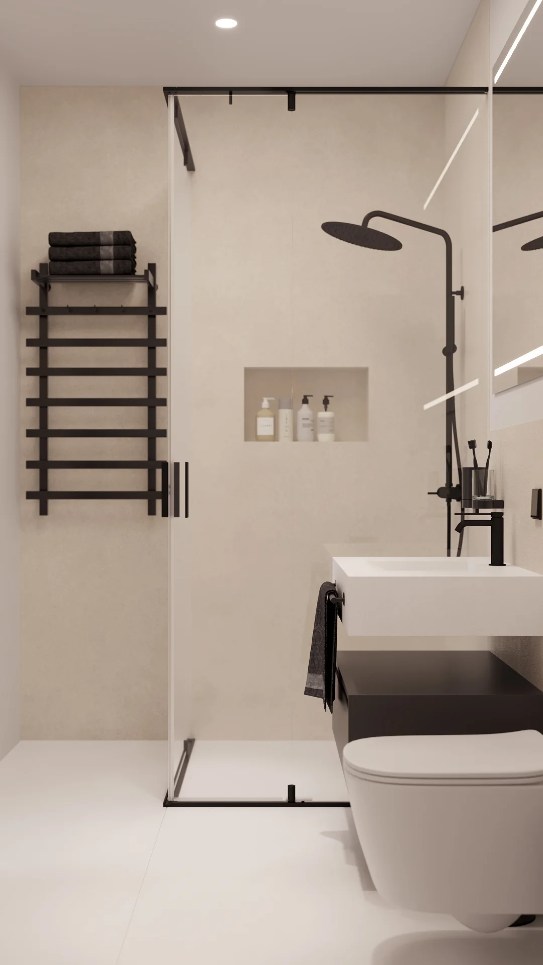 Alpina bathroom with glass shower, rain shower and towel storage