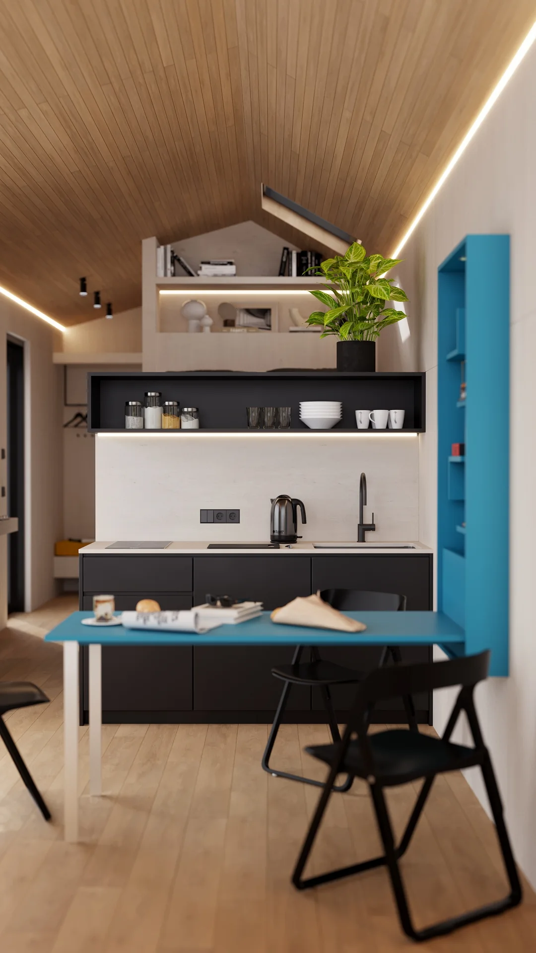 Alpina compact kitchen and dining table inside modular micro-chalet