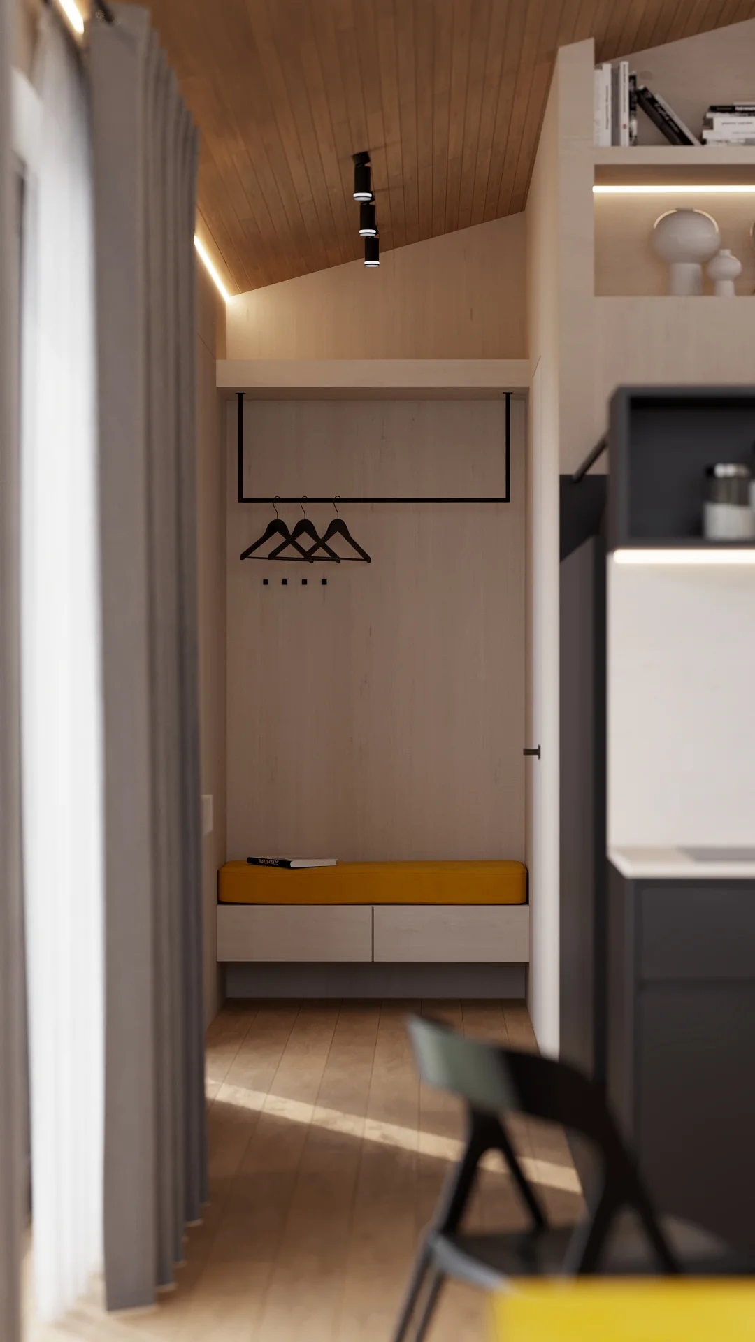 Alpina hallway with built-in storage bench and warm timber ceiling