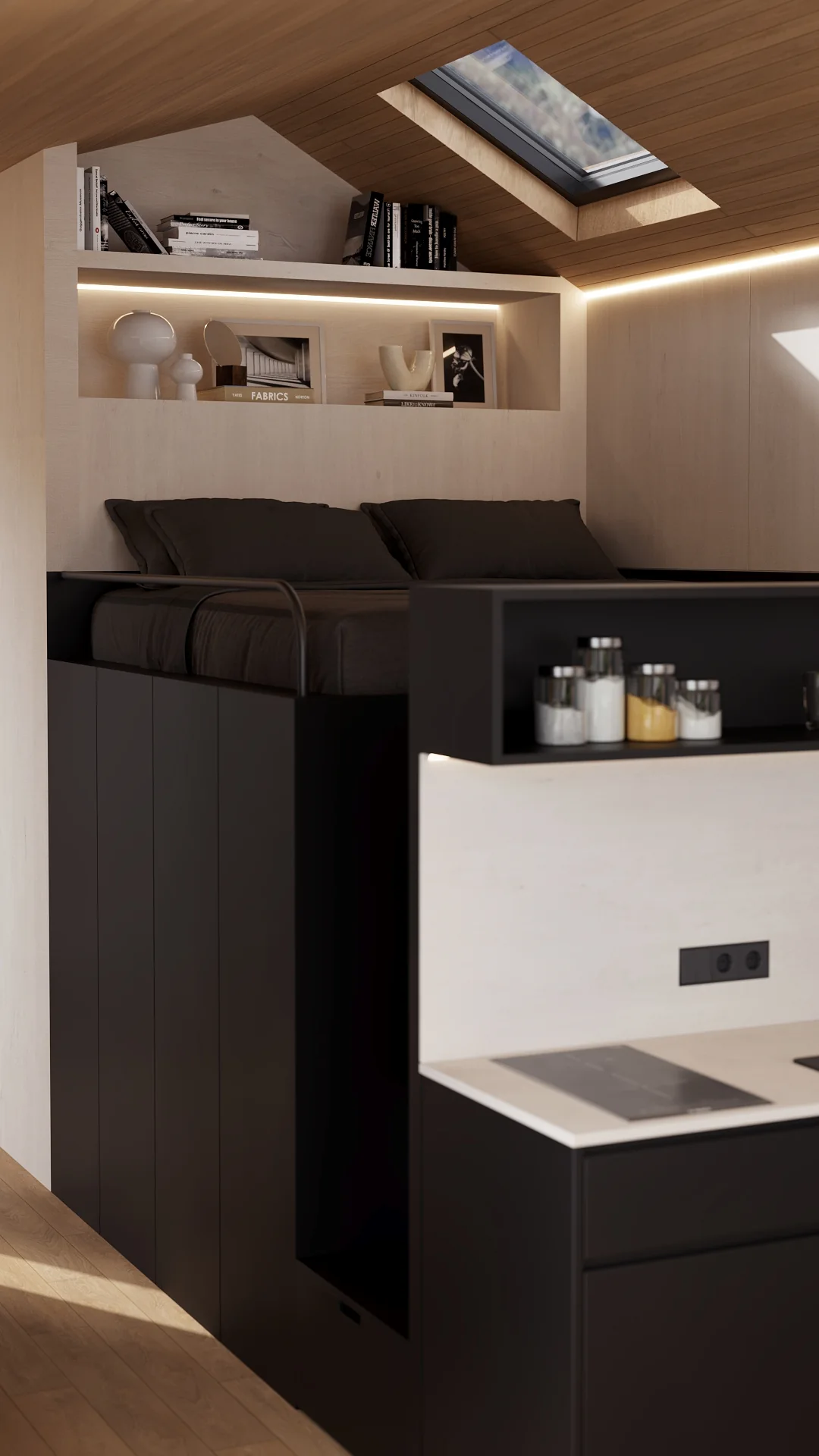 Alpina sleeping zone with podium bed, shelving and skylight