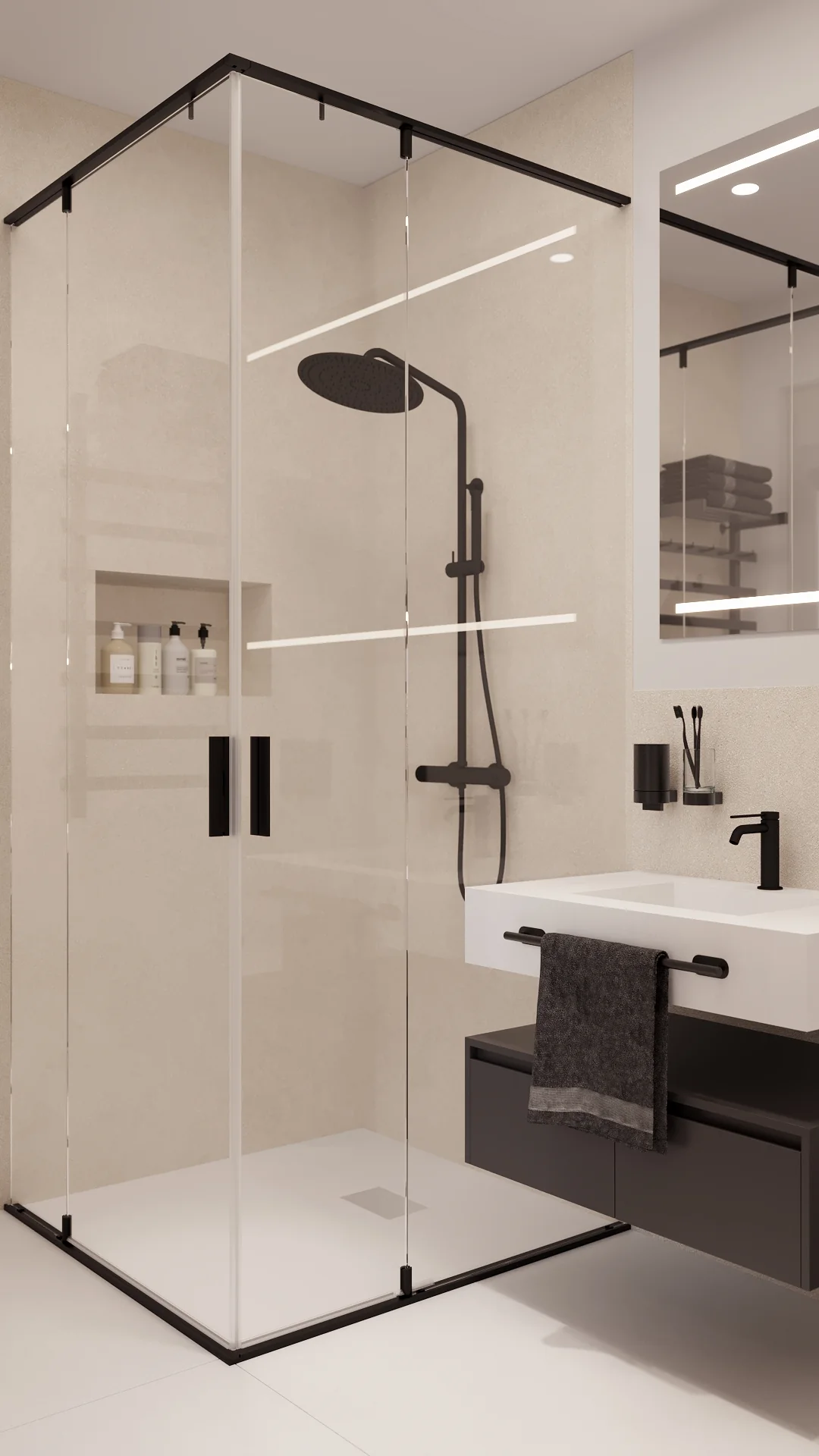 Alpina bathroom shower enclosure with black hardware and storage niche