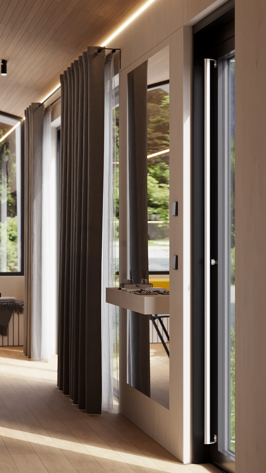 Alpina entry area with mirror, curtains and full-height glass door