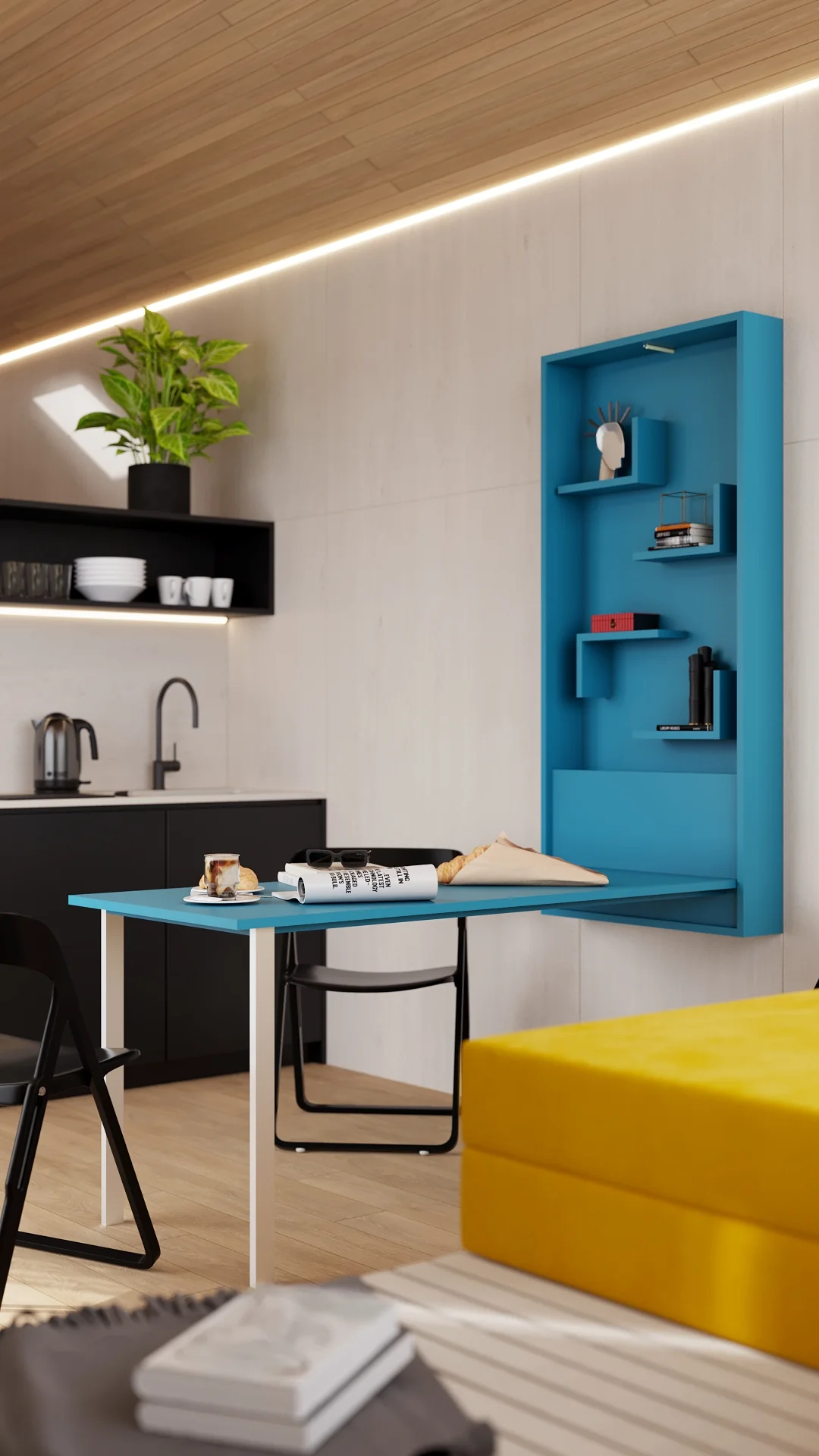 Alpina lounge with blue fold-out table, shelving and yellow sofa