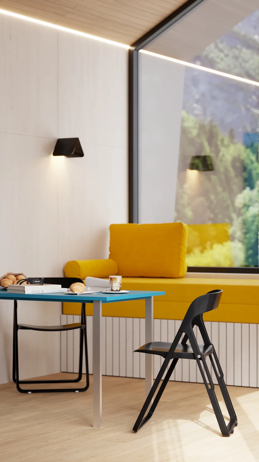 Alpina lounge with yellow sofa, dining table and panoramic window