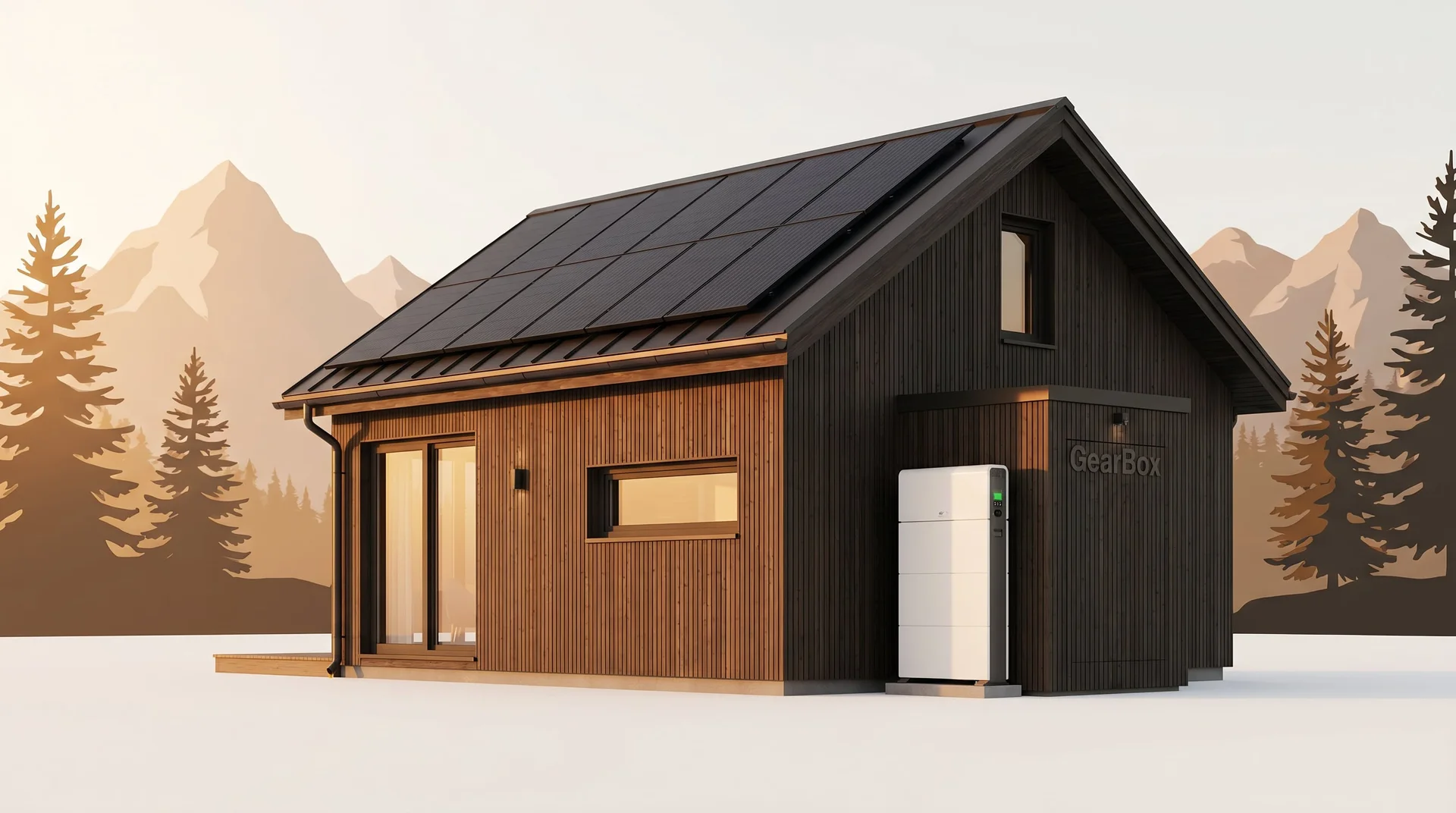 QHOME modular home with off-grid solar and battery setup