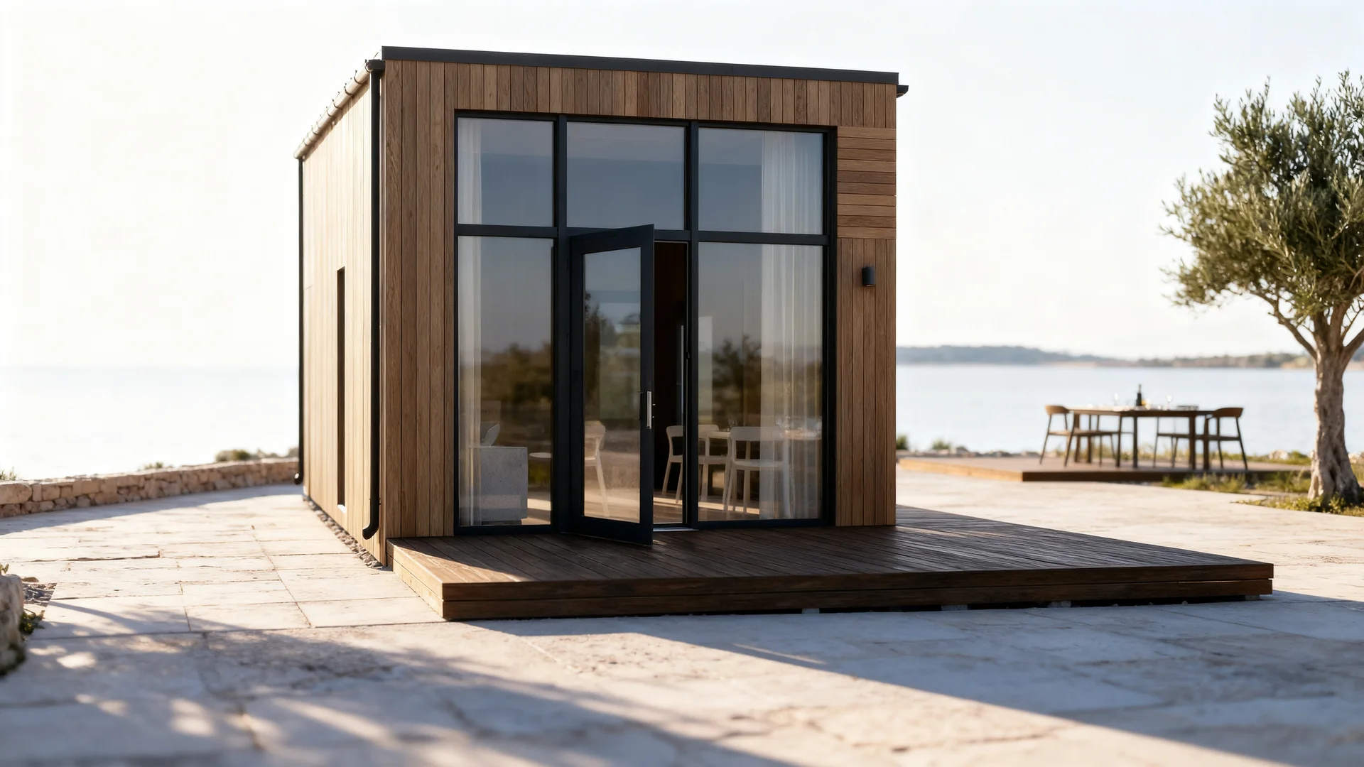 QHome Geo modular cabin on a seaside terrace for campsite upgrade
