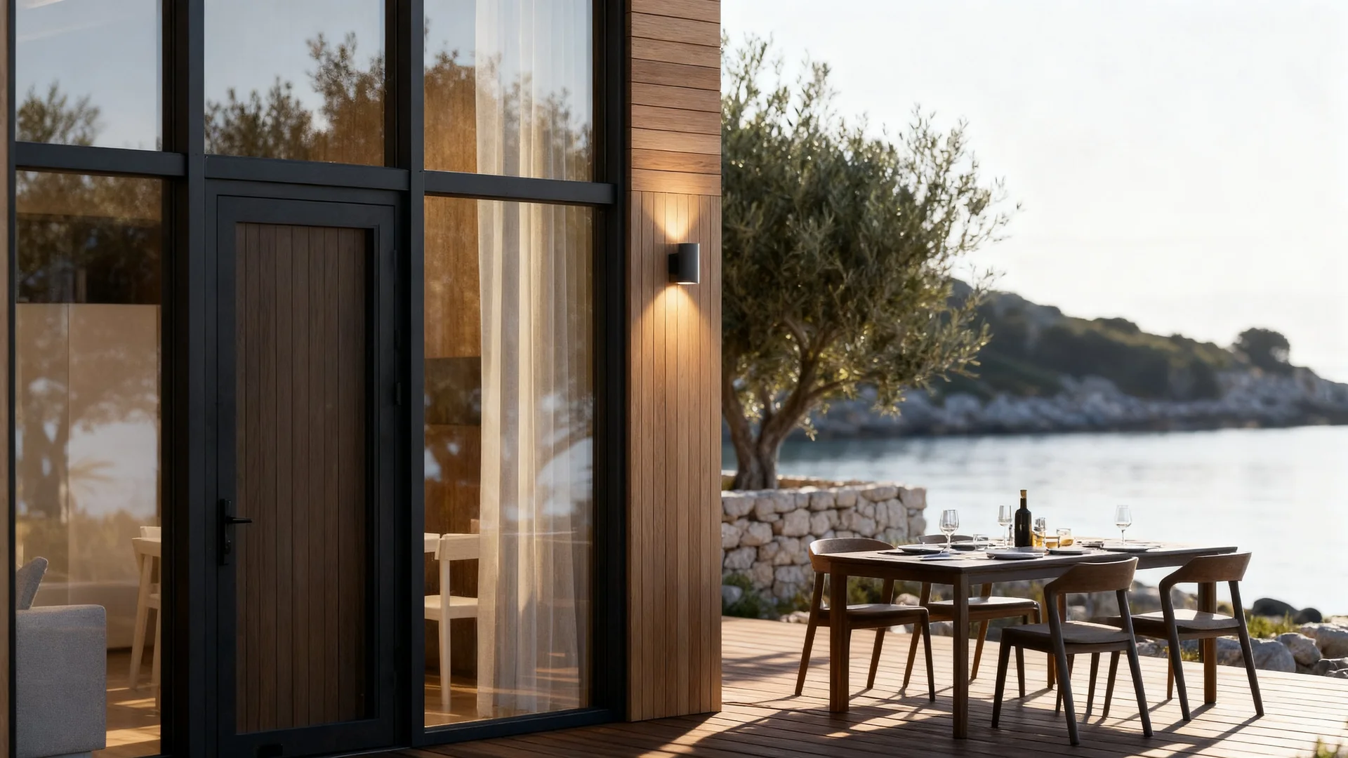 QHome Geo cabin facade with terrace dining area and sea view during the day