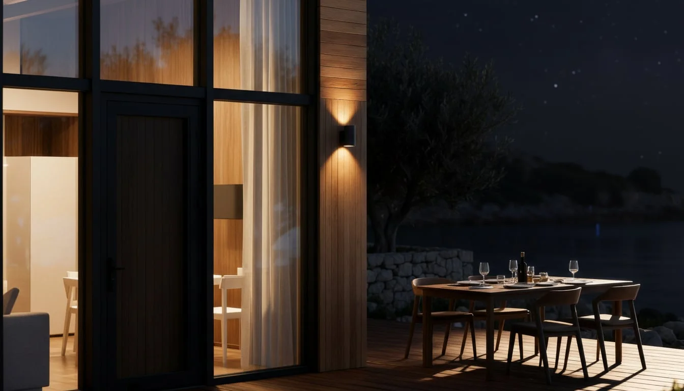 QHome Geo cabin terrace at night with warm guest lighting