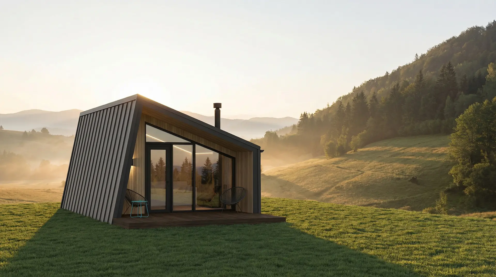Delta modular house in misty landscape with front deck