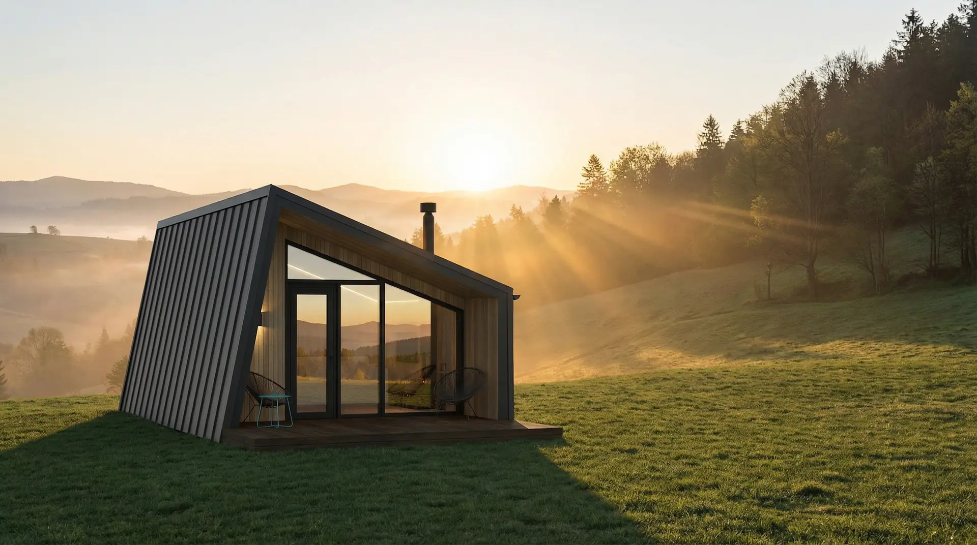 Delta cabin with panoramic glazing and forest valley view