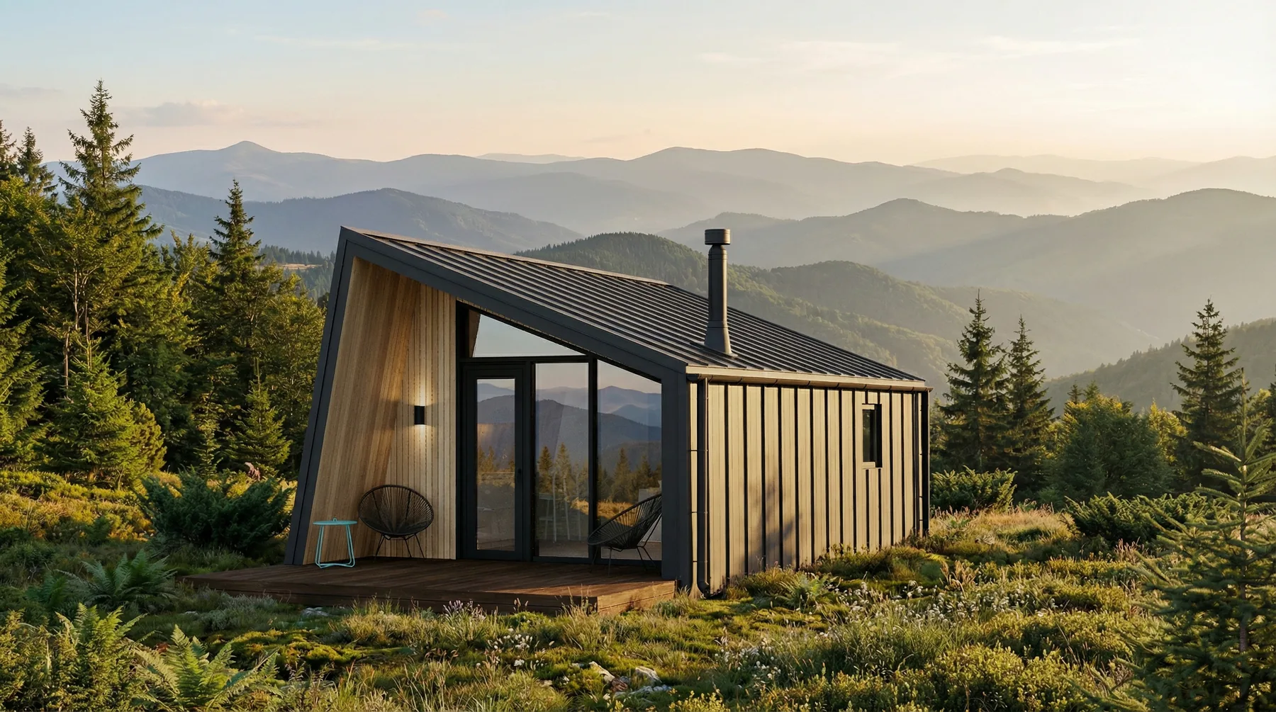 Delta S rear terrace view with anthracite roof and mountain landscape