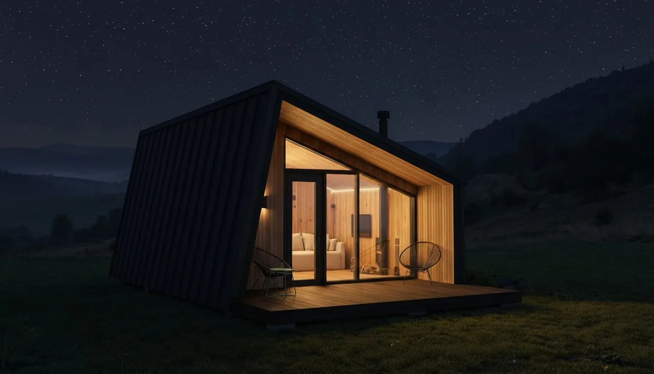 Delta S modular cabin night hero with illuminated timber terrace and starry sky