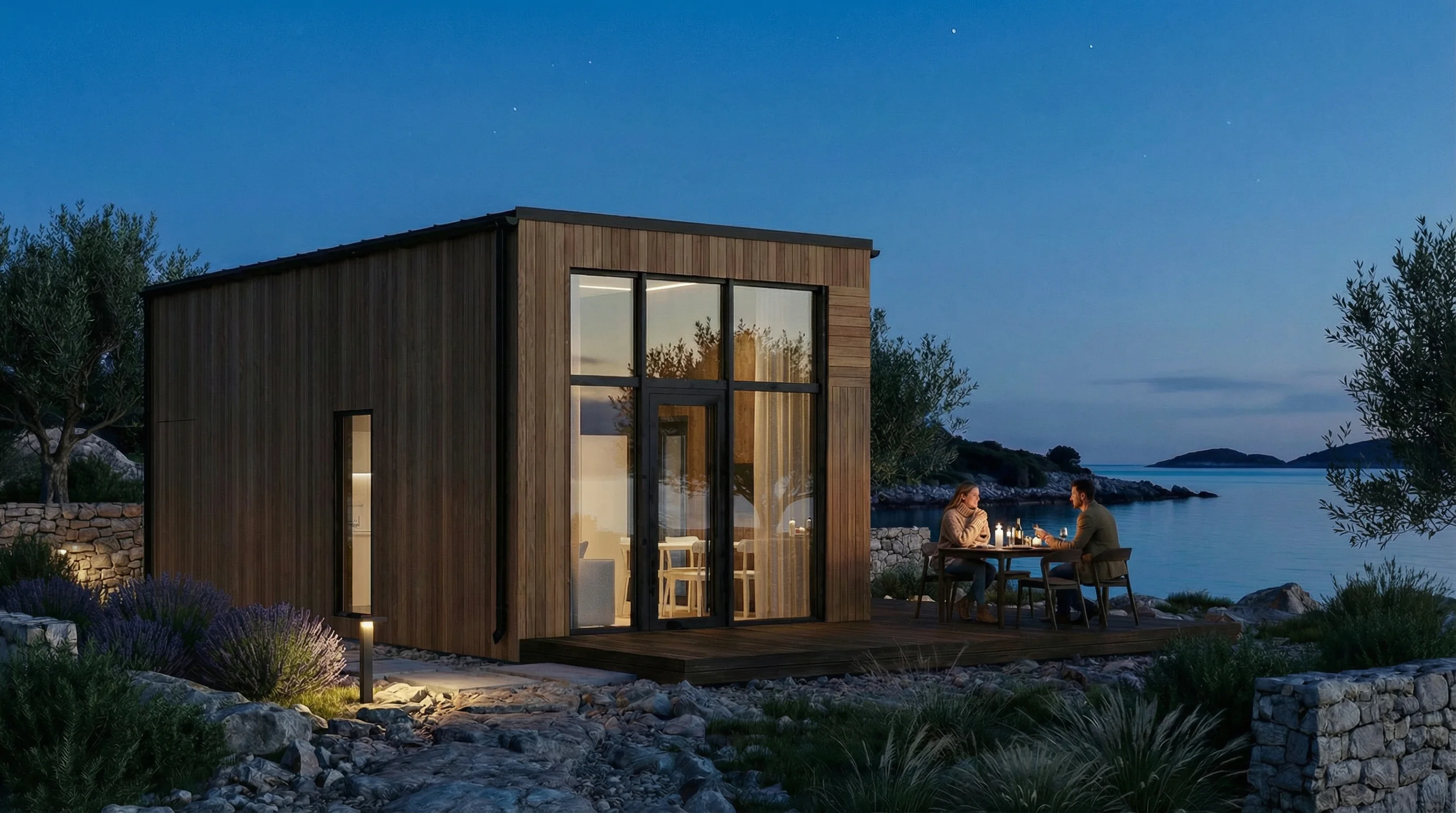 GEO modular home evening terrace by the sea
