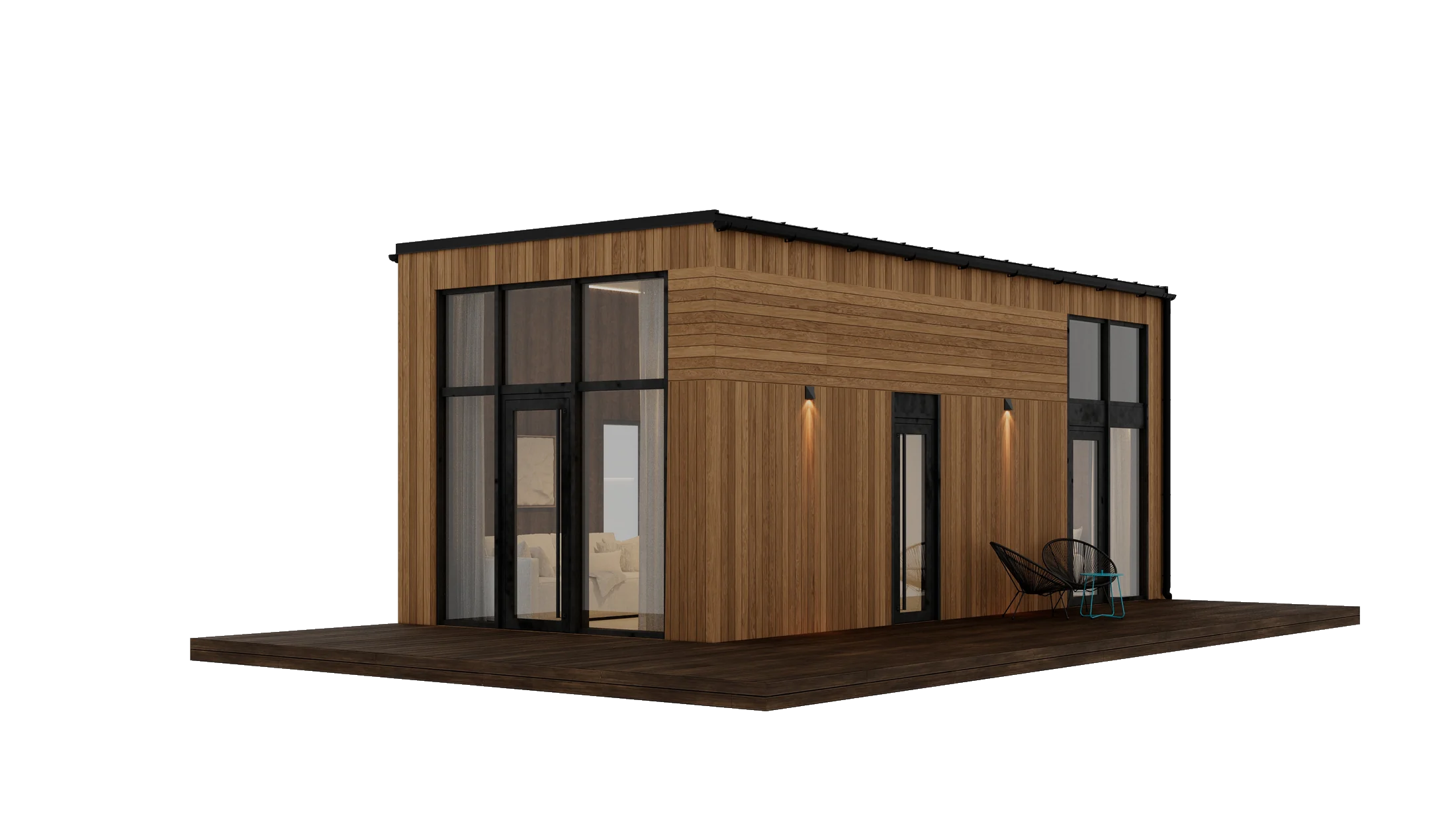 GEO modular home studio corner view with full deck and side entrance GEO modular home studio corner view with full deck and side entrance