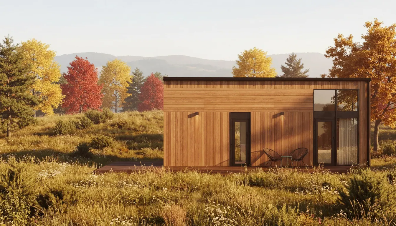 GEO modular mini home in an autumn countryside landscape GEO modular mini home in an autumn countryside landscape