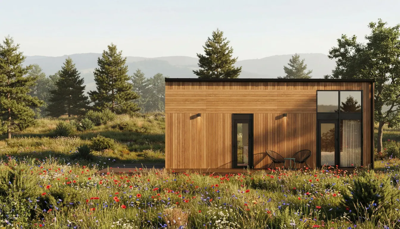 GEO modular mini home in a spring meadow landscape GEO modular mini home in a spring meadow landscape