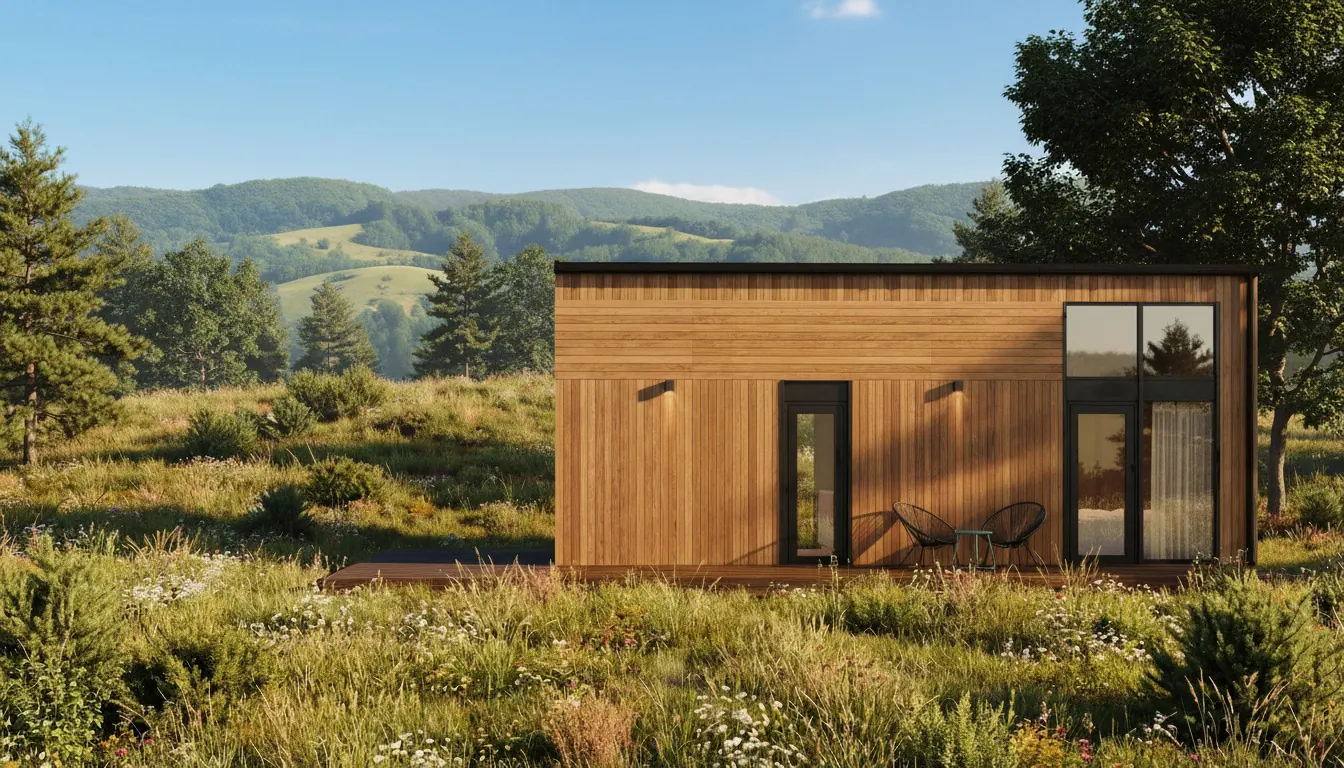 GEO modular mini home in a summer hillside landscape GEO modular mini home in a summer hillside landscape
