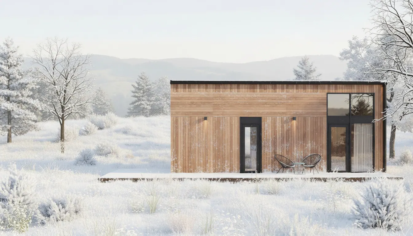 GEO modular mini home in a snowy winter landscape GEO modular mini home in a snowy winter landscape