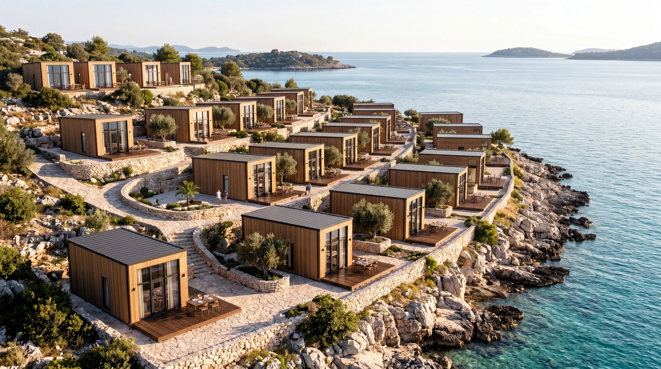 GEO modular cottage village arranged on a coastal slope