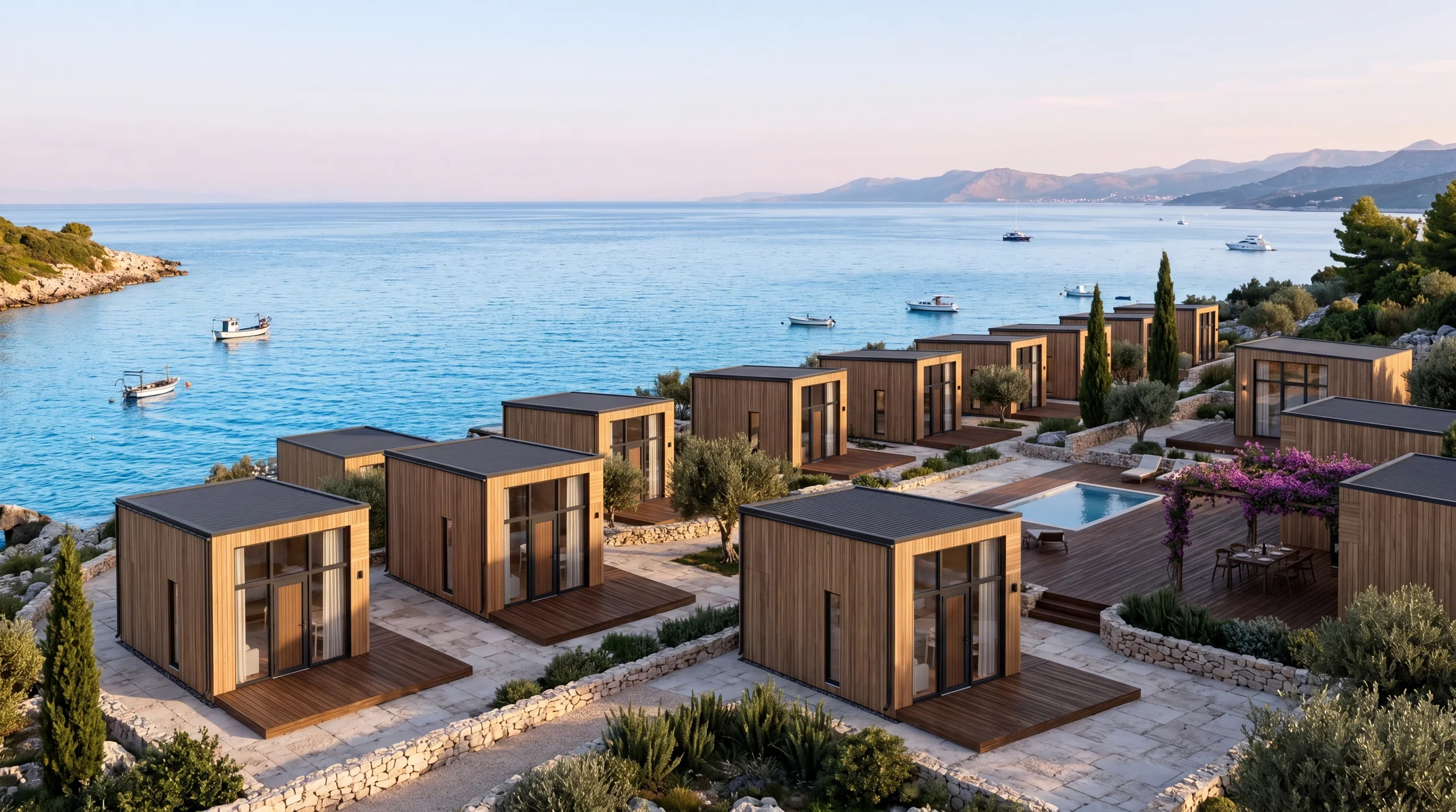 GEO modular resort village with pool terraces and sea view