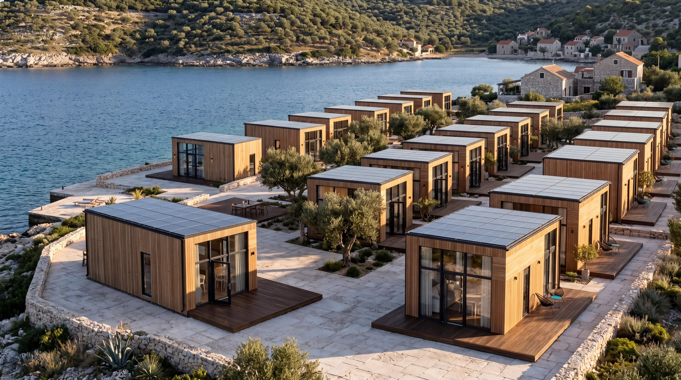 GEO modular village with solar-ready roofs near the sea