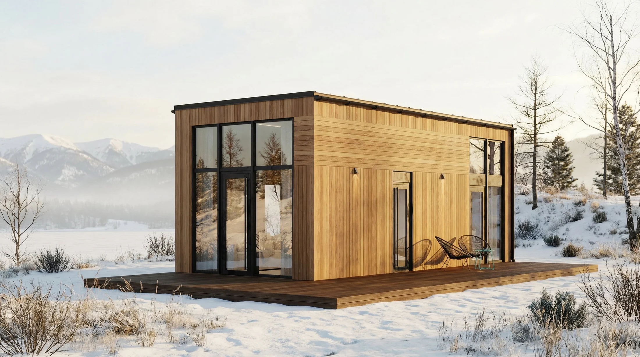 GEO modular home in a winter mountain landscape with terrace deck