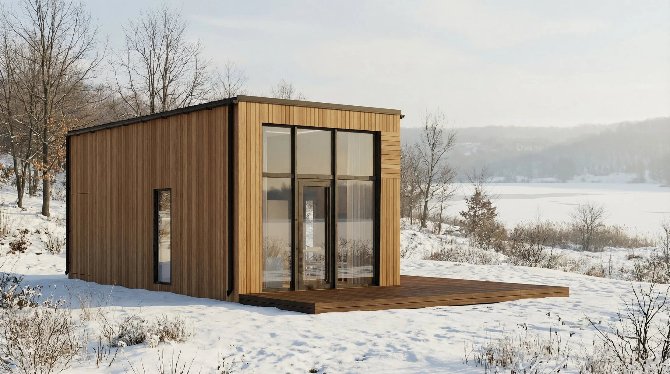 GEO modular home on a snowy forest edge with panoramic glazing