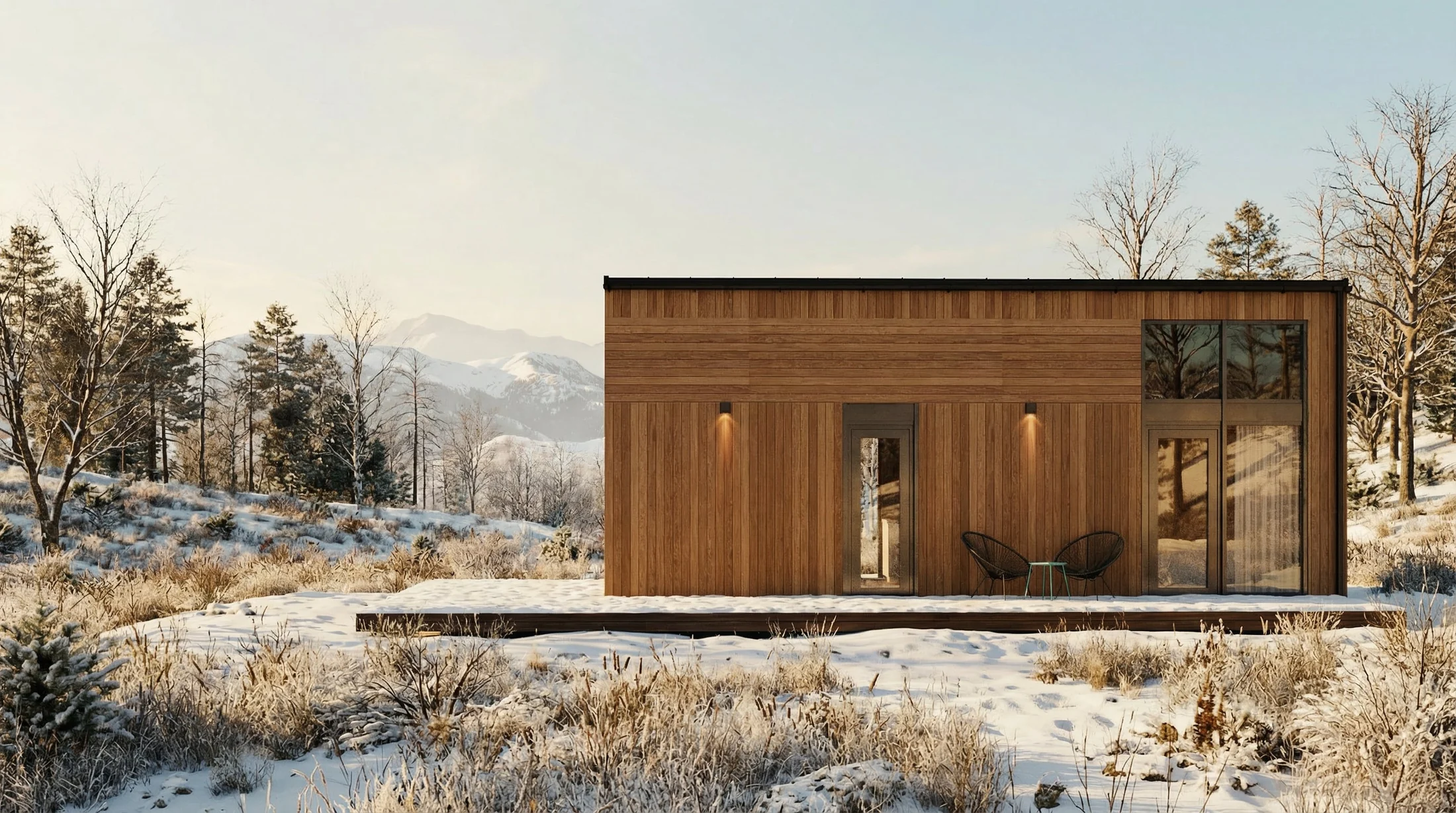 GEO modular home side elevation in a winter mountain setting