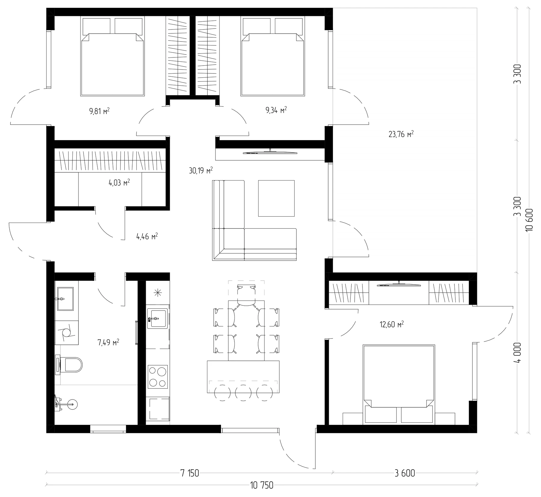 Lumen floor plan with three bedrooms bathroom wardrobe and terrace