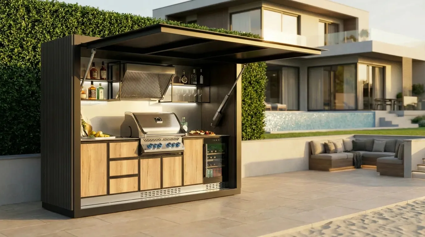 QBBQ angled terrace view with grill, storage and beverage fridge
