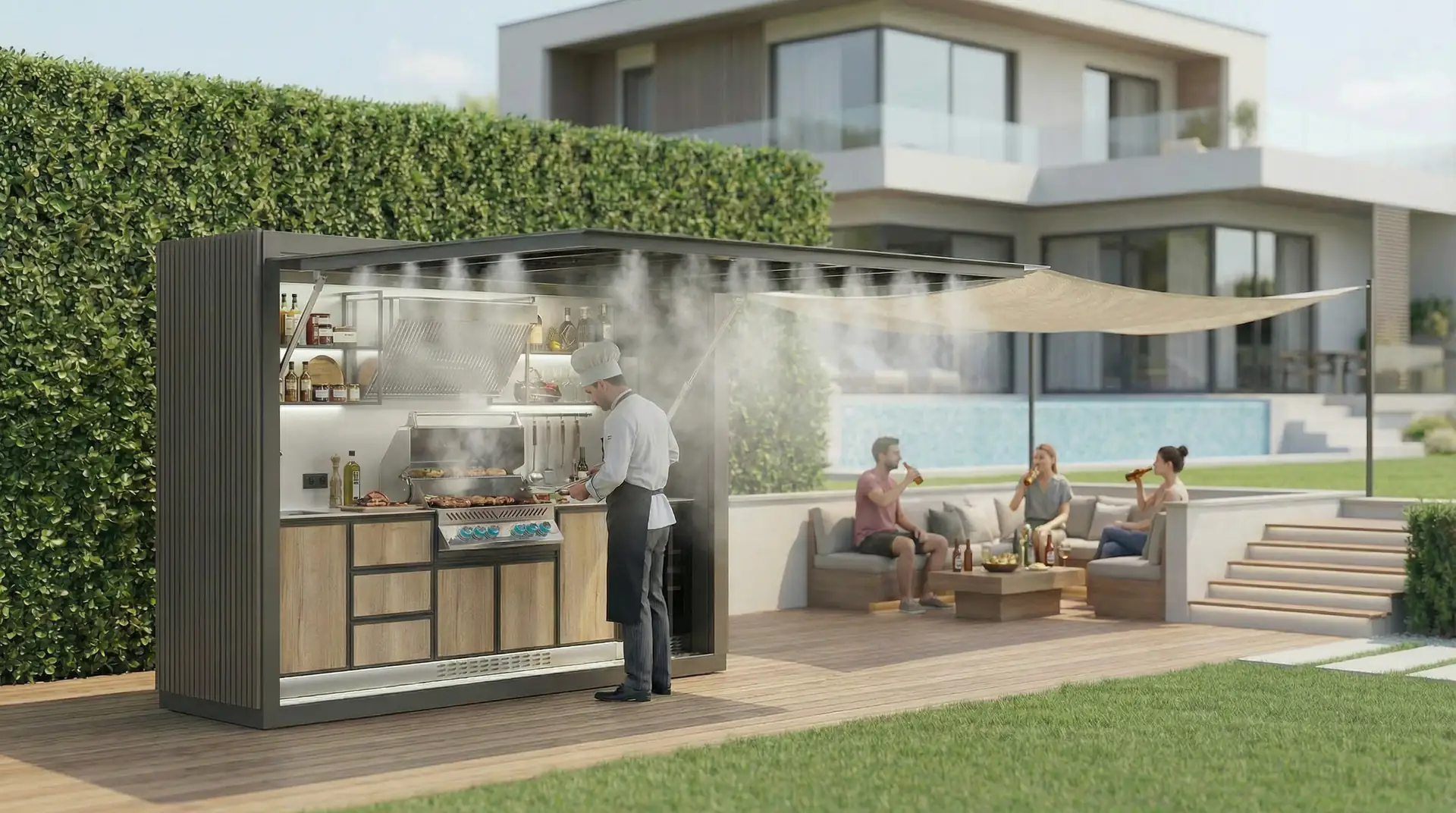 QBBQ outdoor kitchen for chef service at villa terrace event