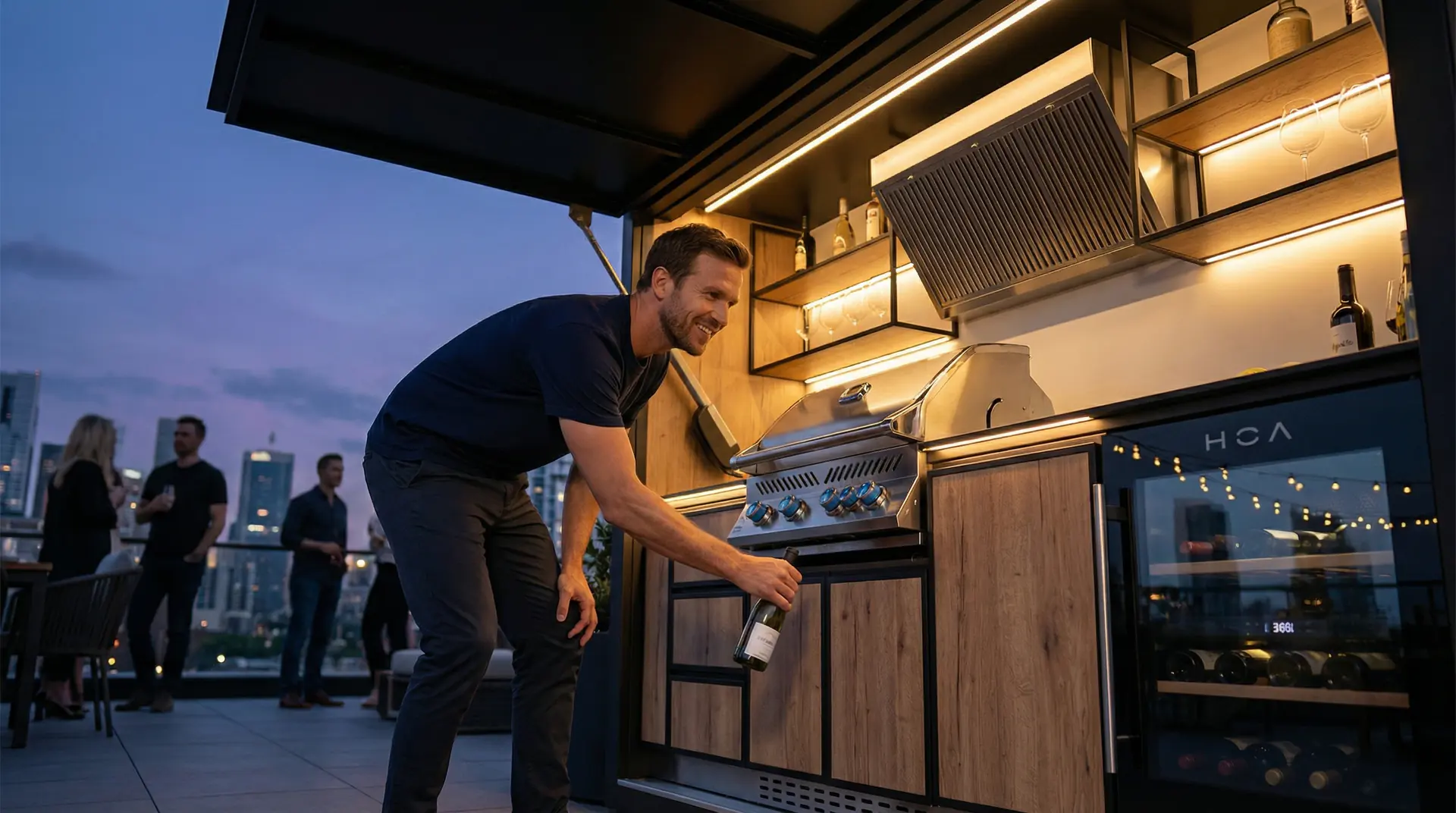 QBBQ evening service scene with illuminated shelves and grill