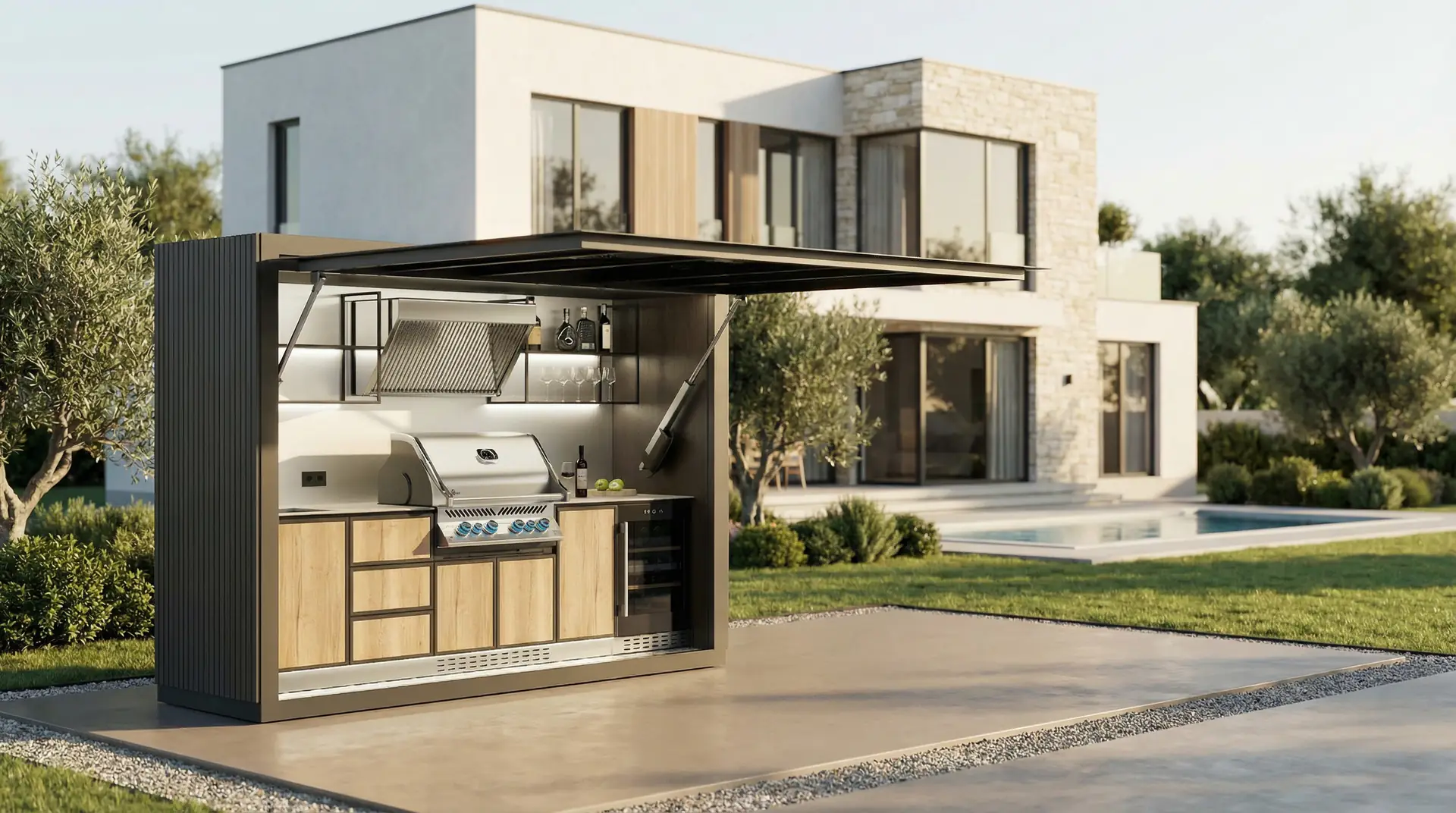 QBBQ open modular kitchen with HPL facade and pool background