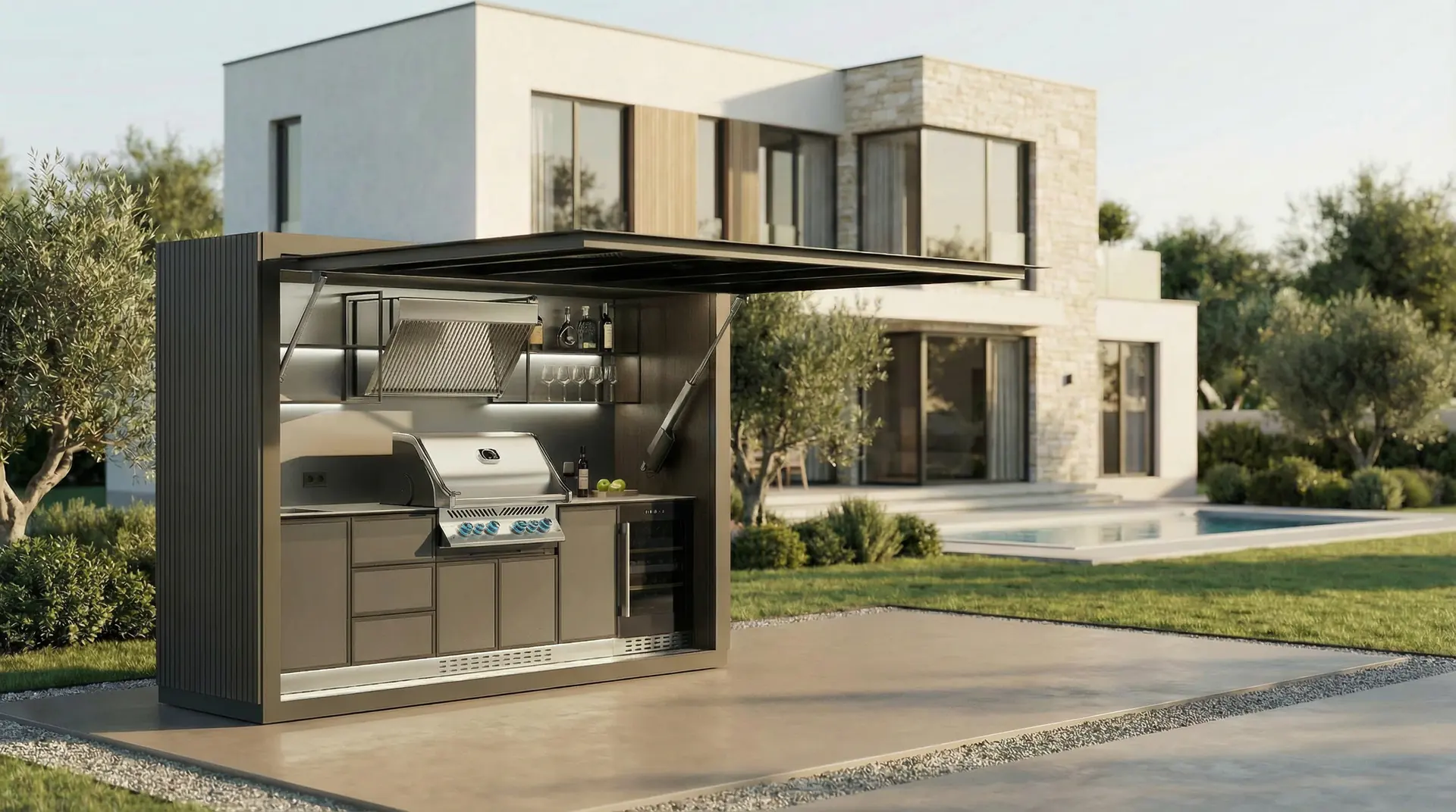 QBBQ front view with grill, worktop, shelves and beverage fridge