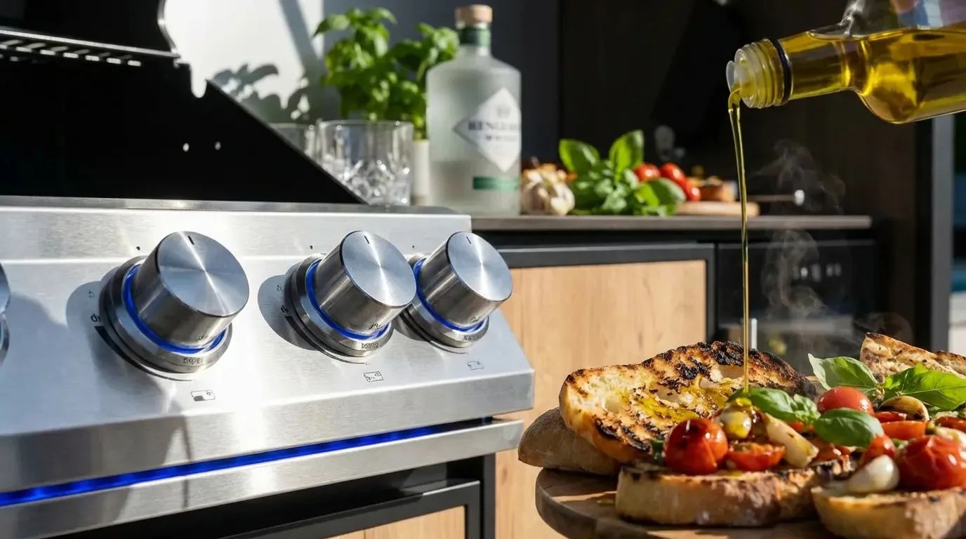 QBBQ grill controls and food preparation detail with olive oil
