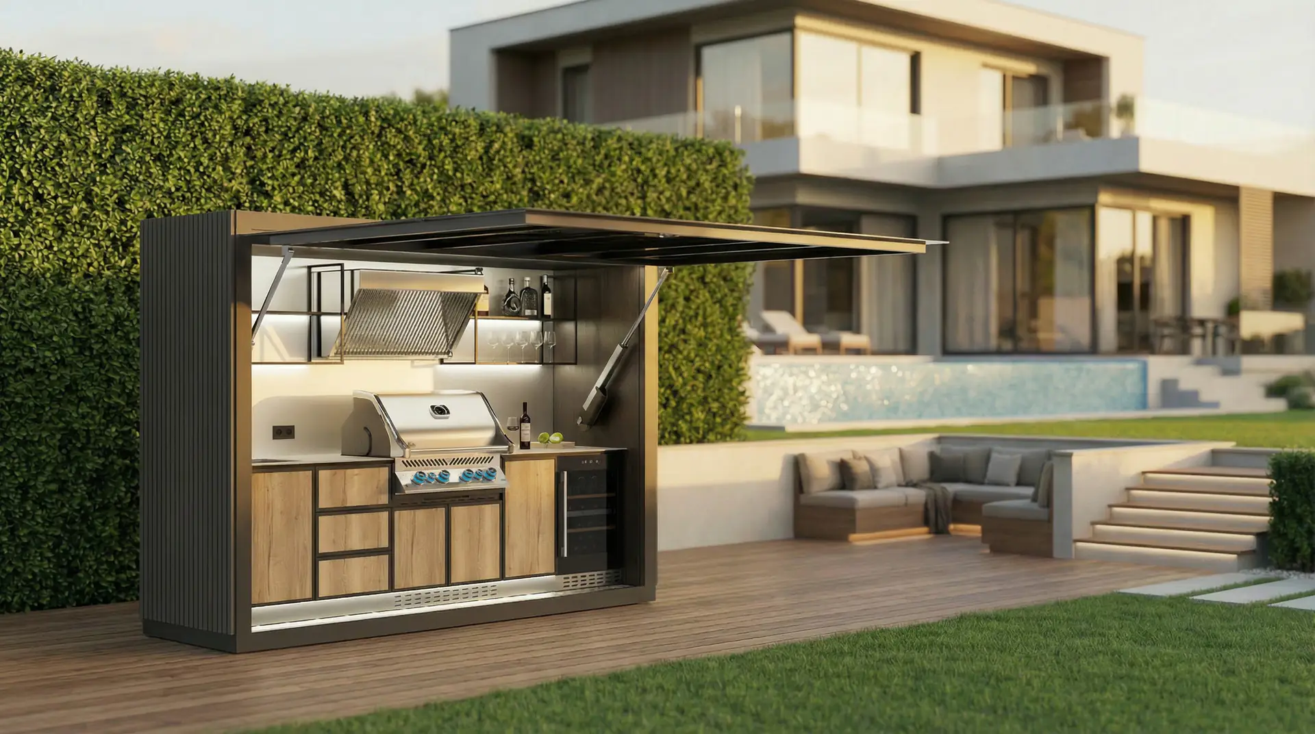QBBQ outdoor kitchen open beside pool and modern villa