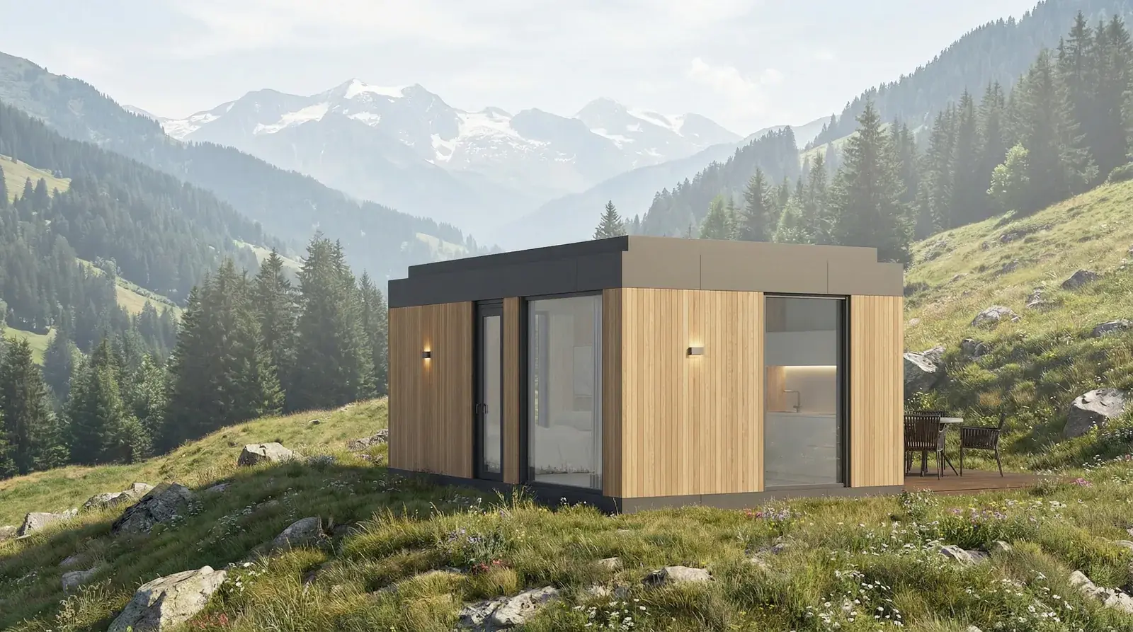 Swift L modular home in landscape for glamping projects