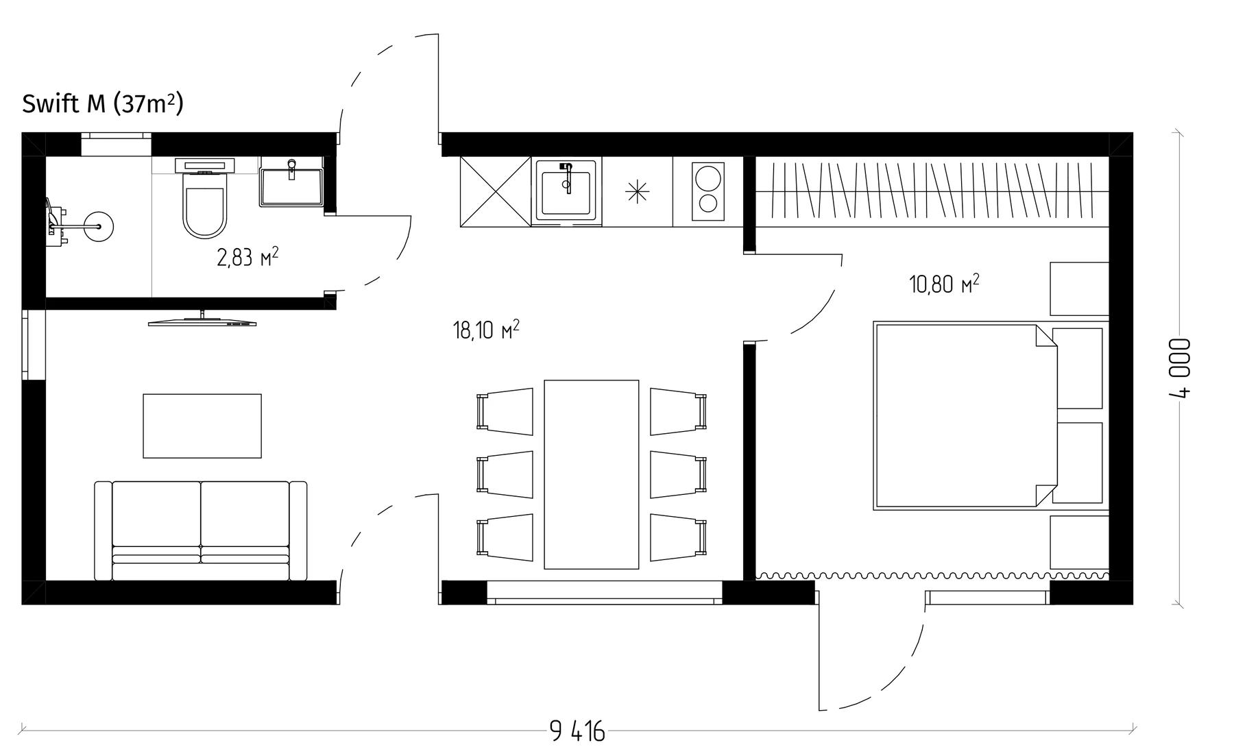 Swift M floor plan with expanded living layout