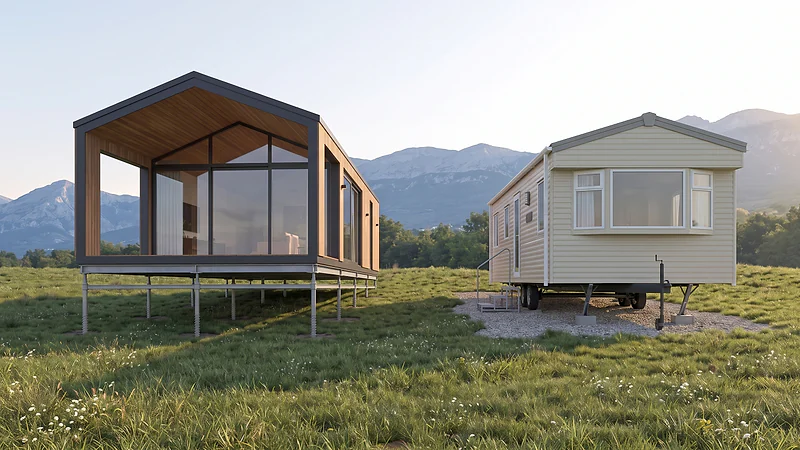 Modular home vs mobile home QHOME modular home on visible ground screws compared with a mobile home on an exposed transport chassis