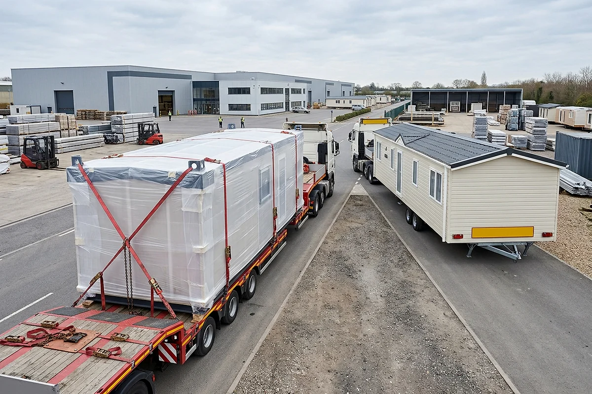 Factory transport for modular and mobile homes Factory-built modular section on a low-loader and mobile home prepared for transport
