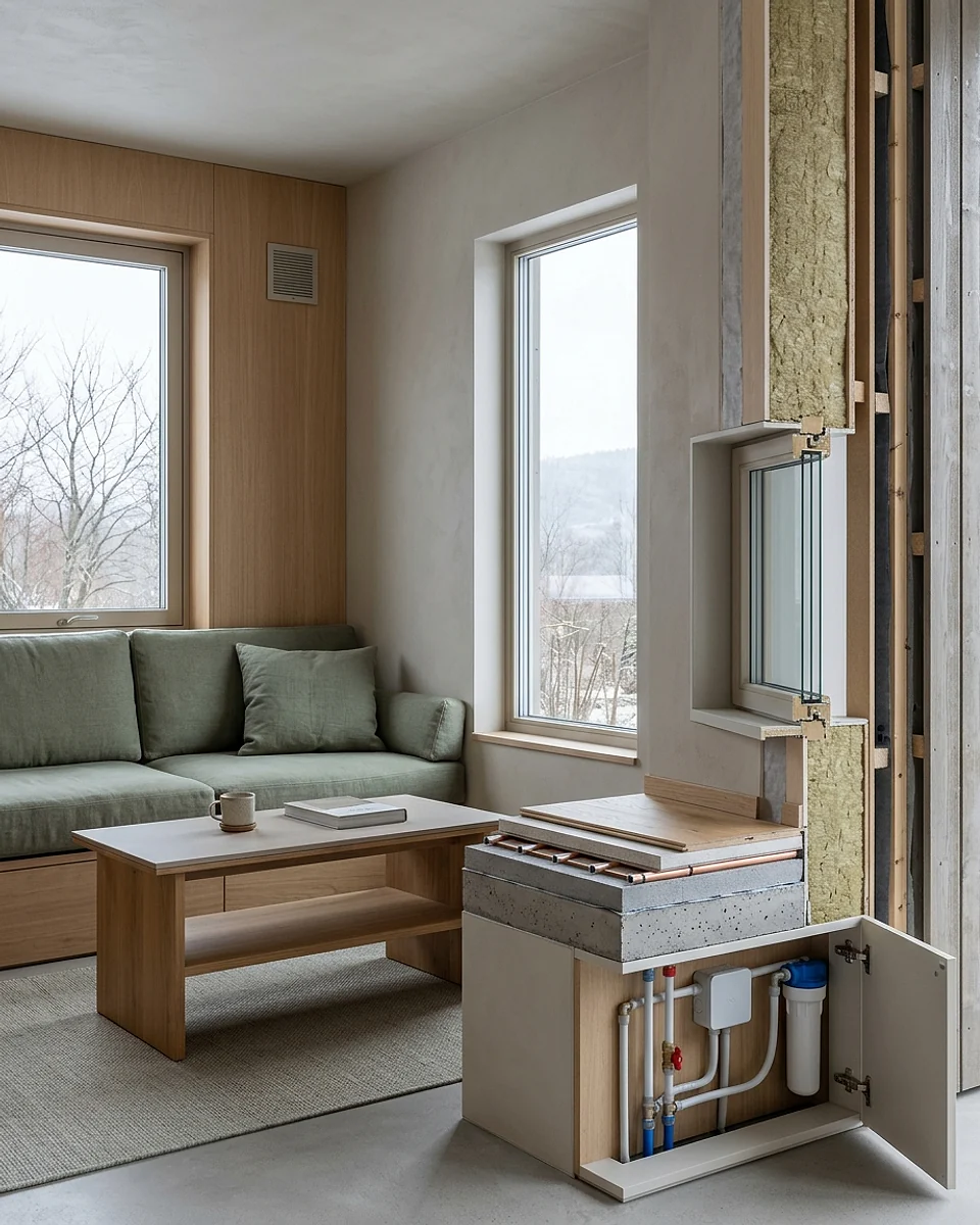 Year-round modular home comfort and service planning Year-round modular home interior with insulated envelope and compact service core