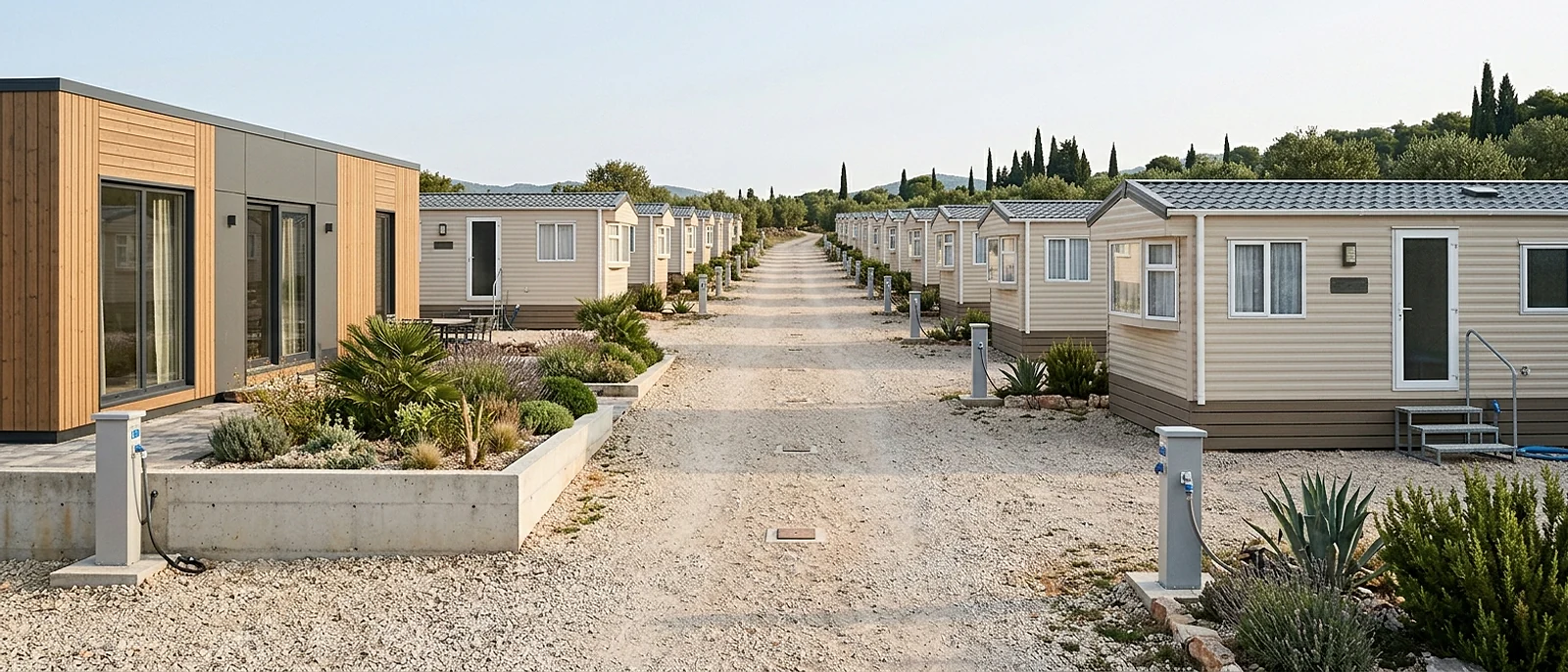 Mobile homes in a pitch-based holiday park Mobile homes arranged on licensed holiday-park pitches with shared access and utility points