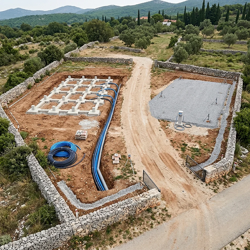 Pile support and pitch planning for modular and mobile options Aerial site-planning view with reinforced-concrete pile points, utility route and mobile-home pitch