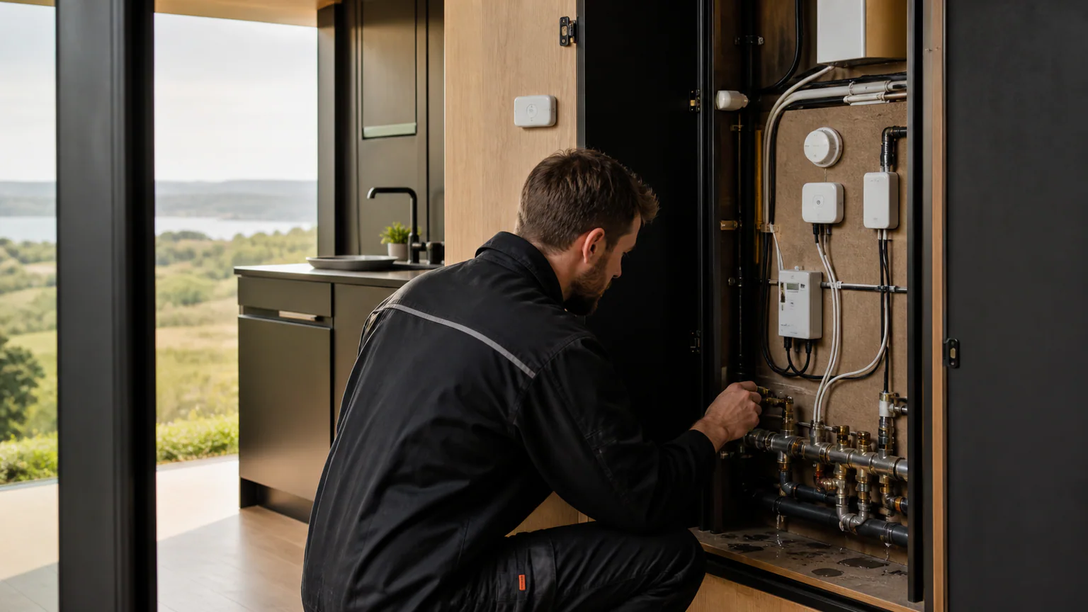 IoT Sensors Modular Home: Maintenance and Safety — QHOME technology guide IoT Sensors Modular Home: Maintenance and Safety — editorial planning scene
